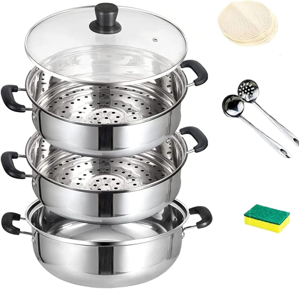 多機能 蒸し鍋 蒸し器 二段 三段 3層底 蒸しもの鍋対応熱源 Ih対応 各種熱源対応 ガラス鍋蓋付 ステンレス シ蒸器 満菜 深型 兼用鍋 調理器具 3段 28cm 売れ筋アイテムラン