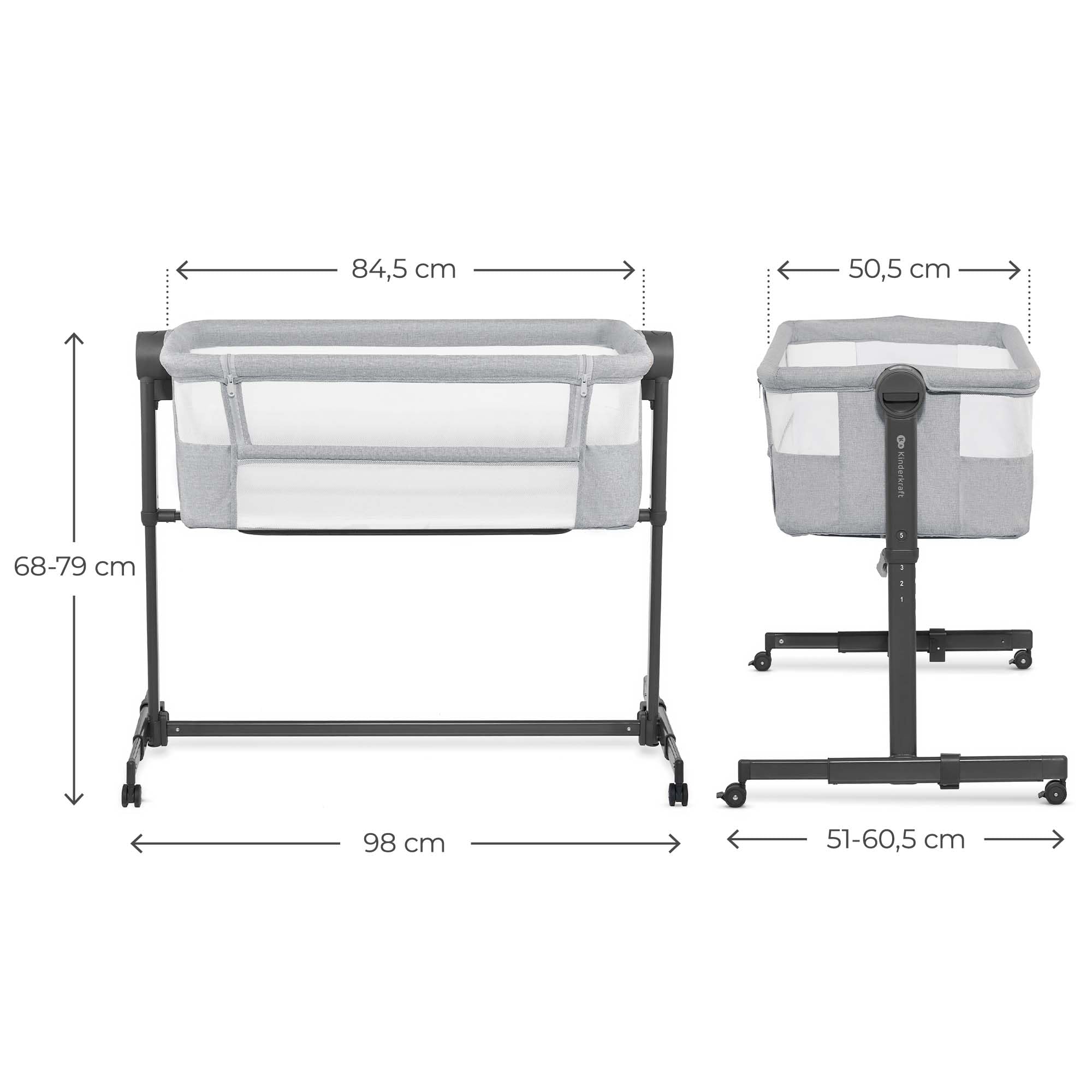 Kinderkraft NESTEE UP 2 Lit bébé cododo, Lit Bebe avec Matelas de la Naissance, Réglage de la Hauteur, Facile Adapter au lit du Parent, Pieds réglables, Gris Clair