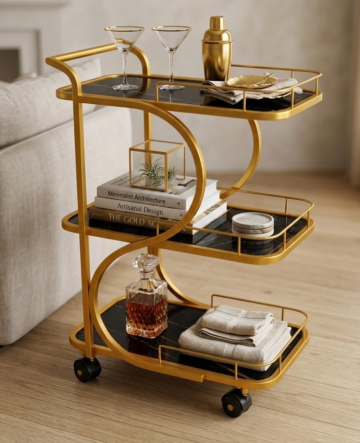 Image of Serving Trolley with Wheels for Home, Tea Food Drinks Serving Kitchen Trolley Restaurant, Hotels,Dining Room bar cart with Wheels (Gold-Black)