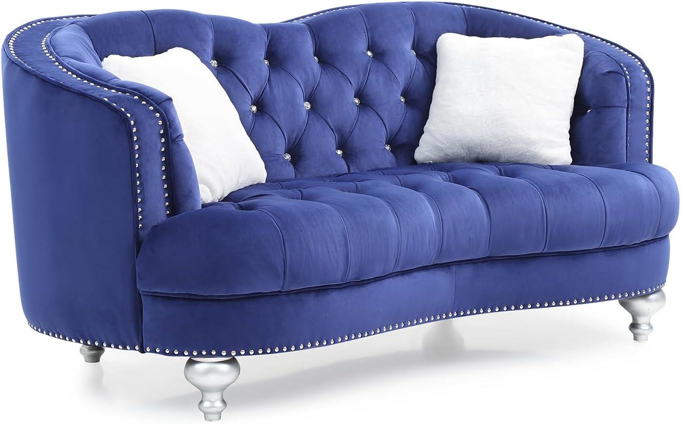 Traditional Style Blue Velvet Loveseat,Sofa Chair,Love Seat Sofa w/Recessed Arms