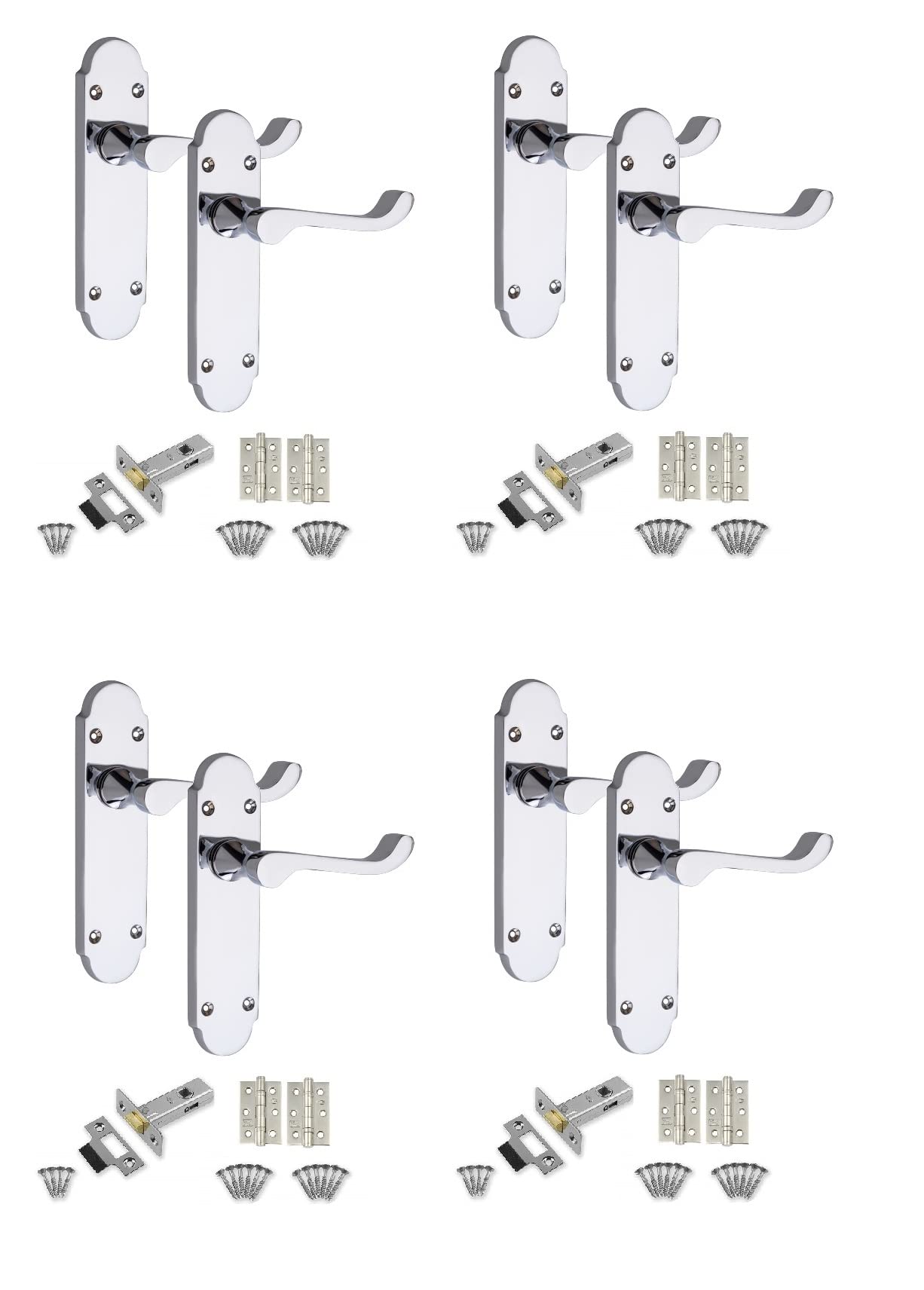 Golden Grace Victorian Epsom Design Scroll Door Handles Latch in Polished Chrome with 1 Pair of 3" Ball Bearing Hinges & Latches Pack, 4 Sets - 168mm x 40mm Backplate