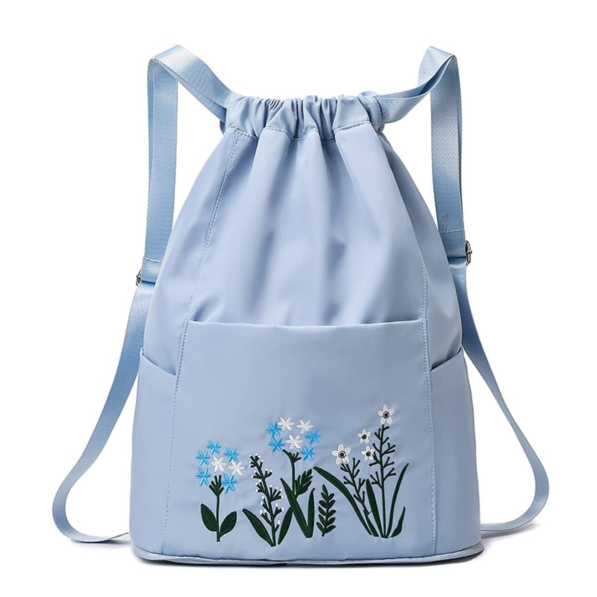Krupasadhya Travel Drawstring Bag Waterproof Flower Print Fold able Embroidery Design Drawstring Backpack for Outdoor Bag Foldable Design Bag For Women(MAROON,PACK OF 1) (sky blue)
