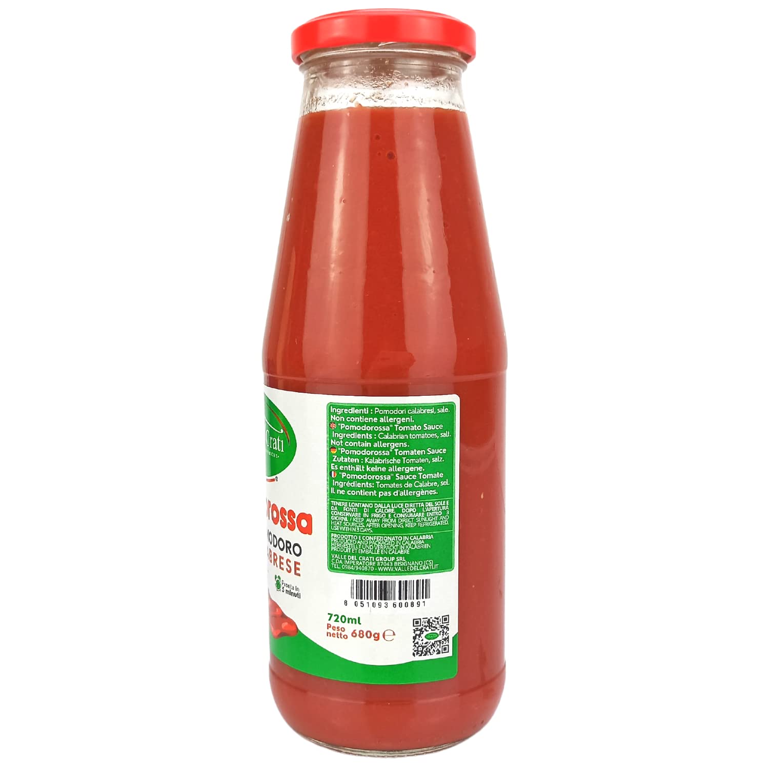 Valle del Crati Sauce Tomate 100% Italienne | 12 bouteilles | Purée de tomates naturelle, végétalienne, sans gluten | Idéal pour les pâtes, pizza, viande, poisson | Prêt en 5 minutes | 12x720ml