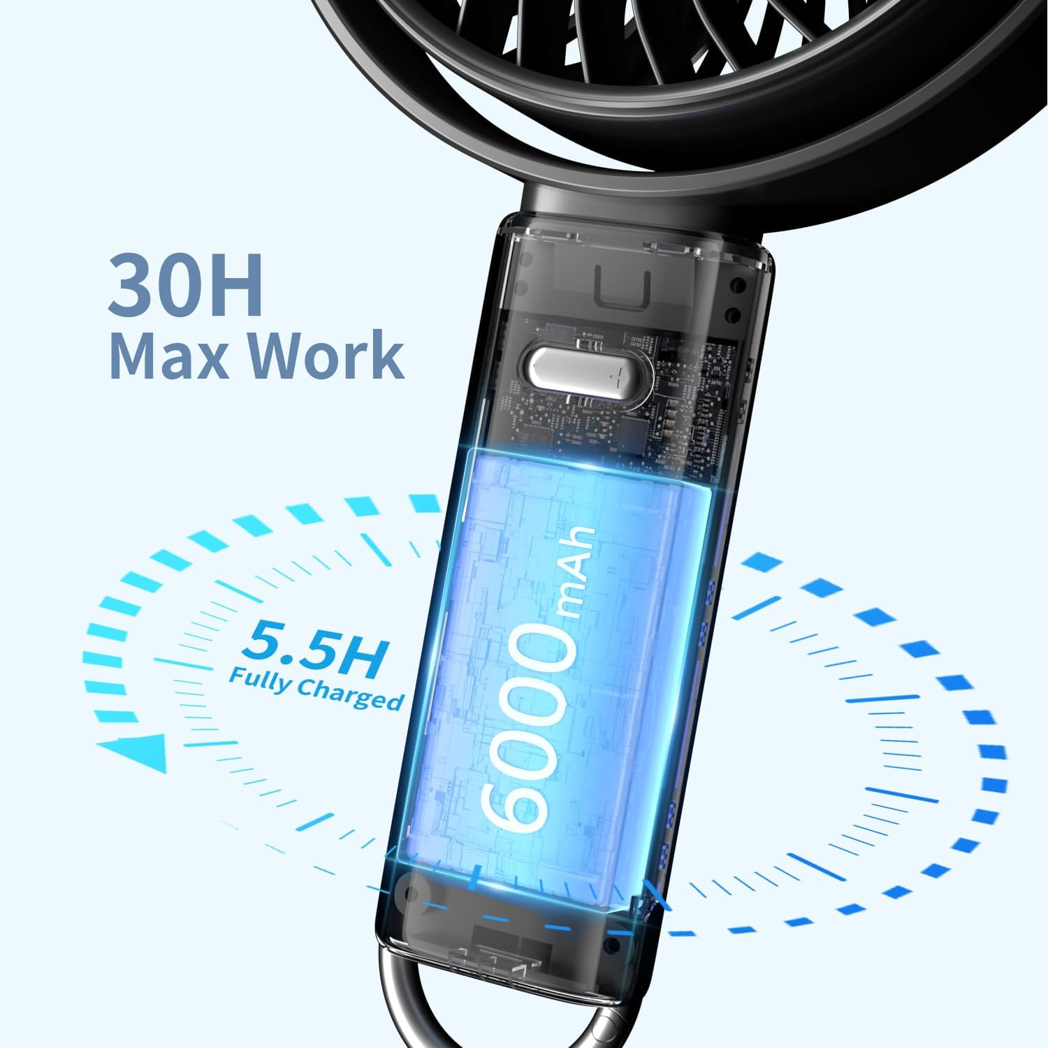 6 Inch Large Handheld Fan, 6000mAh Portable Fan with 100 Speed Levels, Strong Airflow Personal Fan, 5-30 Hours Working Time, 135° Foldable Hand Fan for Travel Camping Outdoor Office (Black)