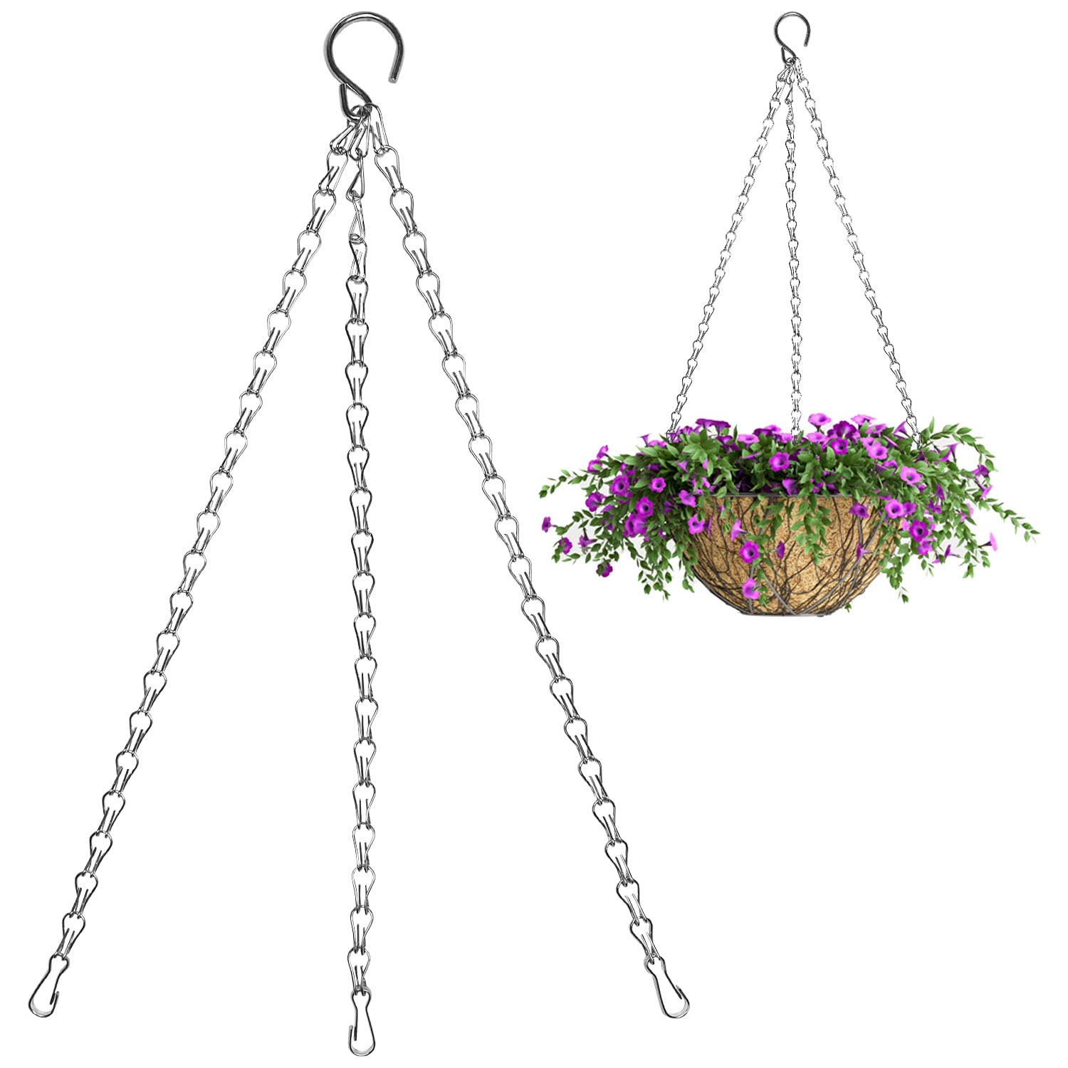 Hanging Basket Chains with Clips and Hooks 14" (35.6cm) 3 Point Metal Replacement Chain for Christmas Plant Hanging, Lanterns, Flower pots and Ornaments | Maximum load-bearing 10 kg – Silver