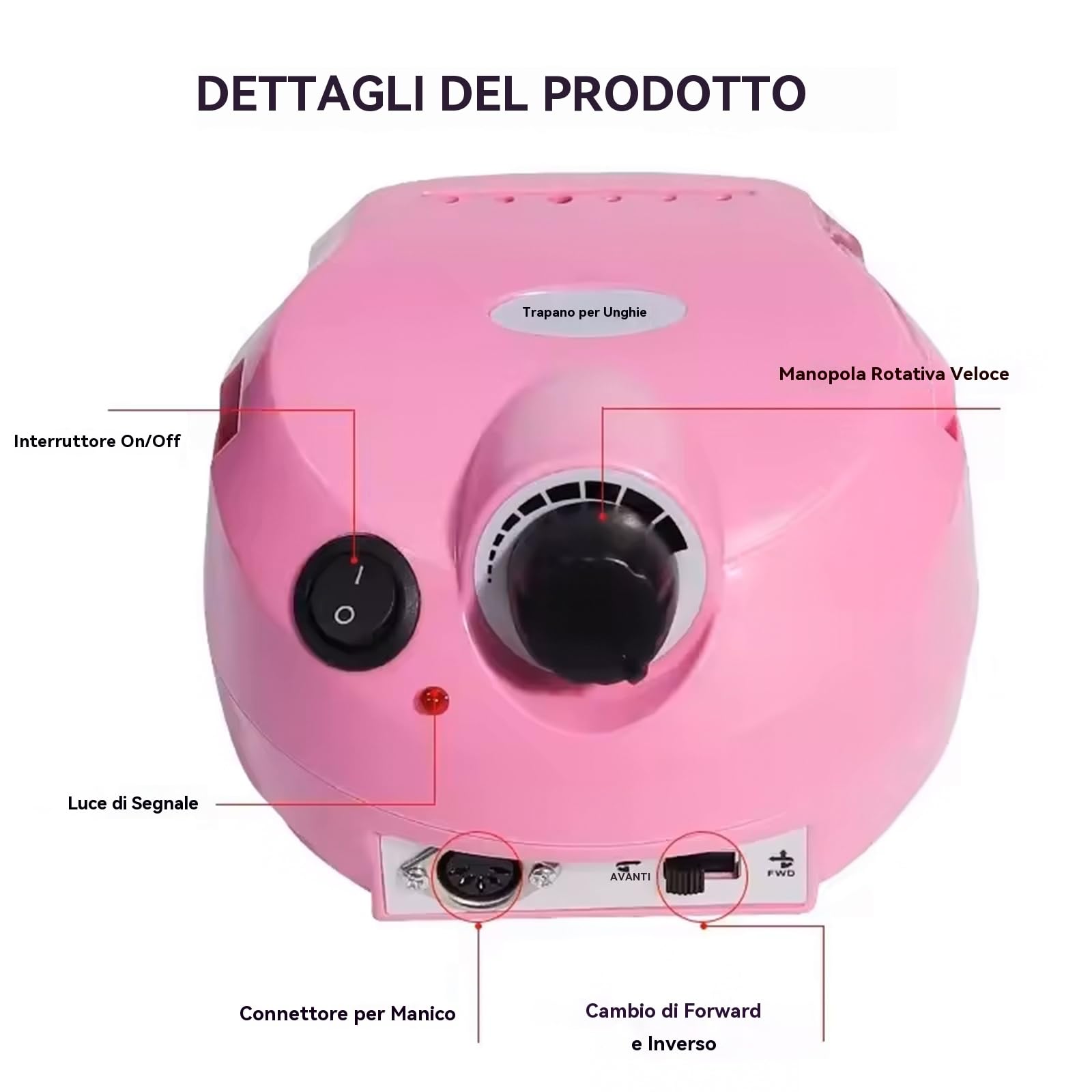 VOLTIX Fresa per Unghie Professionale 35000 Giri con Velocità Regolabile, Trapano Elettrico per Unghie, Fresa Unghie con Pedale, Nail Drill per Manicure e Pedicure Gel/Smalto ROSA