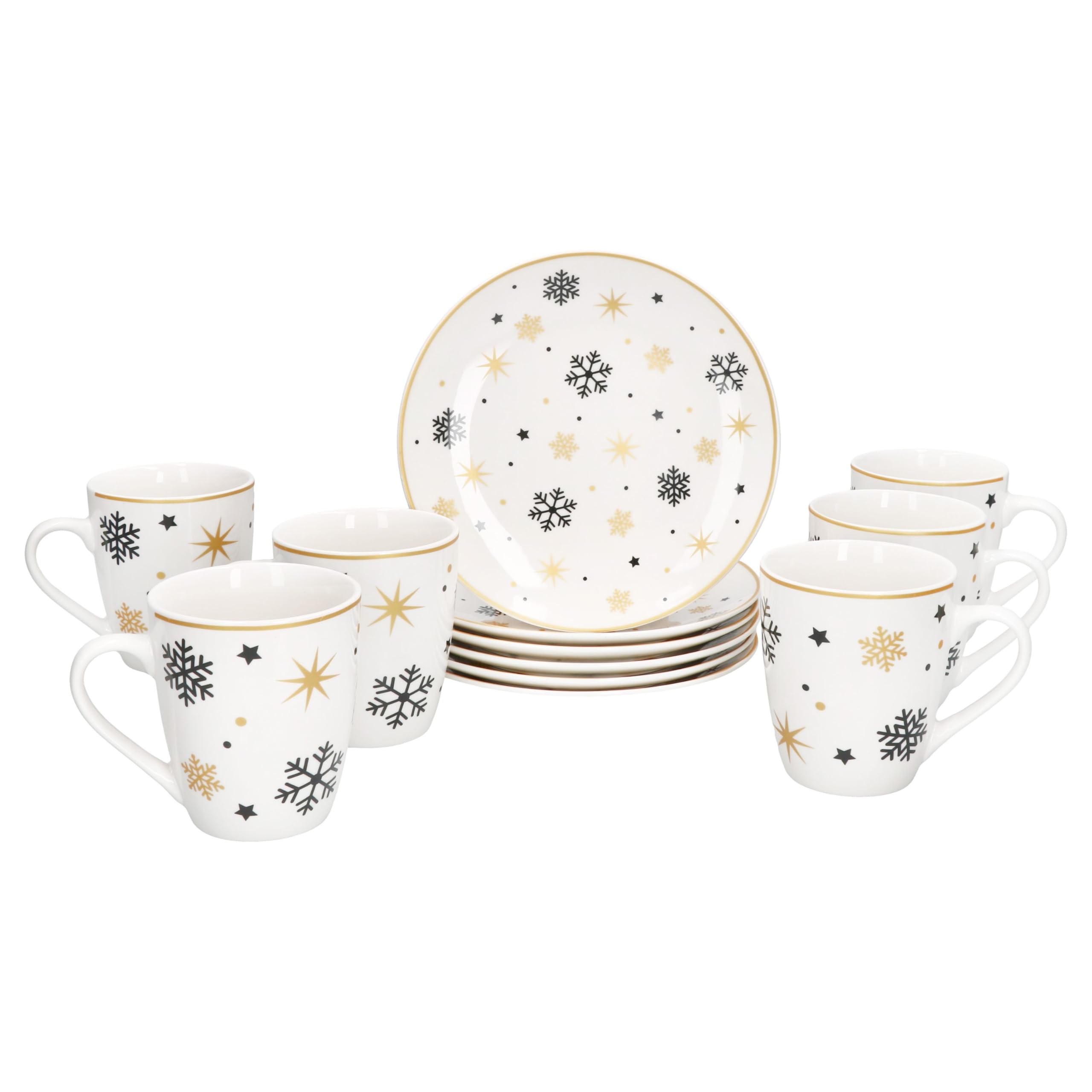 MamboCat Stars schwarz & gold 12tlg Frühstücksset I Je 6x kleine Frühstücksteller & Kaffeebecher 300ml für 6 Personen mit Sternen & Schneeflocken I Weihnachten