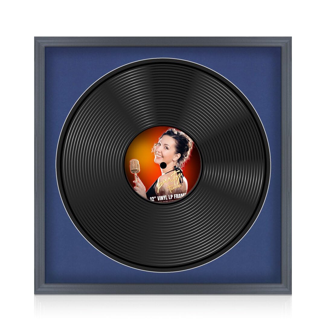 Procut Global 16x16" Dark Grey Vinyl Record Frame for 12 Inch LP Disc - Round Display Classic Photo Frame for Vinyl CD Records - Engineered Wood with Shatterproof Perspex Front - Blue Mount