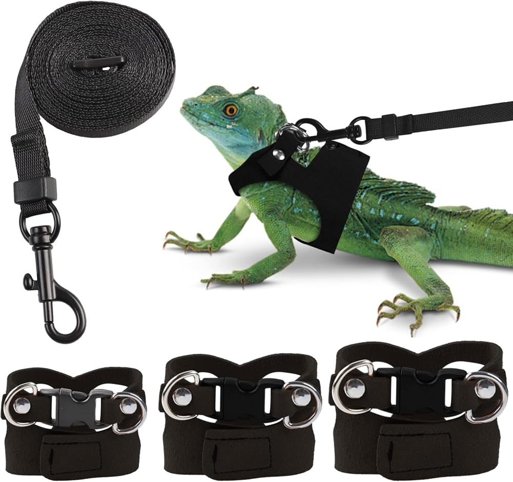 Bearded Dragon Harness Leash Set 3 PS S/M/L Leather Vest Outdoor Training Walking Escape-Proof Control Traction Rope for Reptiles Lizard Small Animal Squirrels (Black)