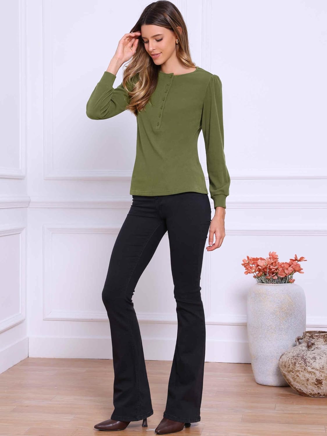 Allegra K Long Sleeve Henley Shirts for Women Casual Crew Neck Tops Fall Shirt Blouses - Image 3
