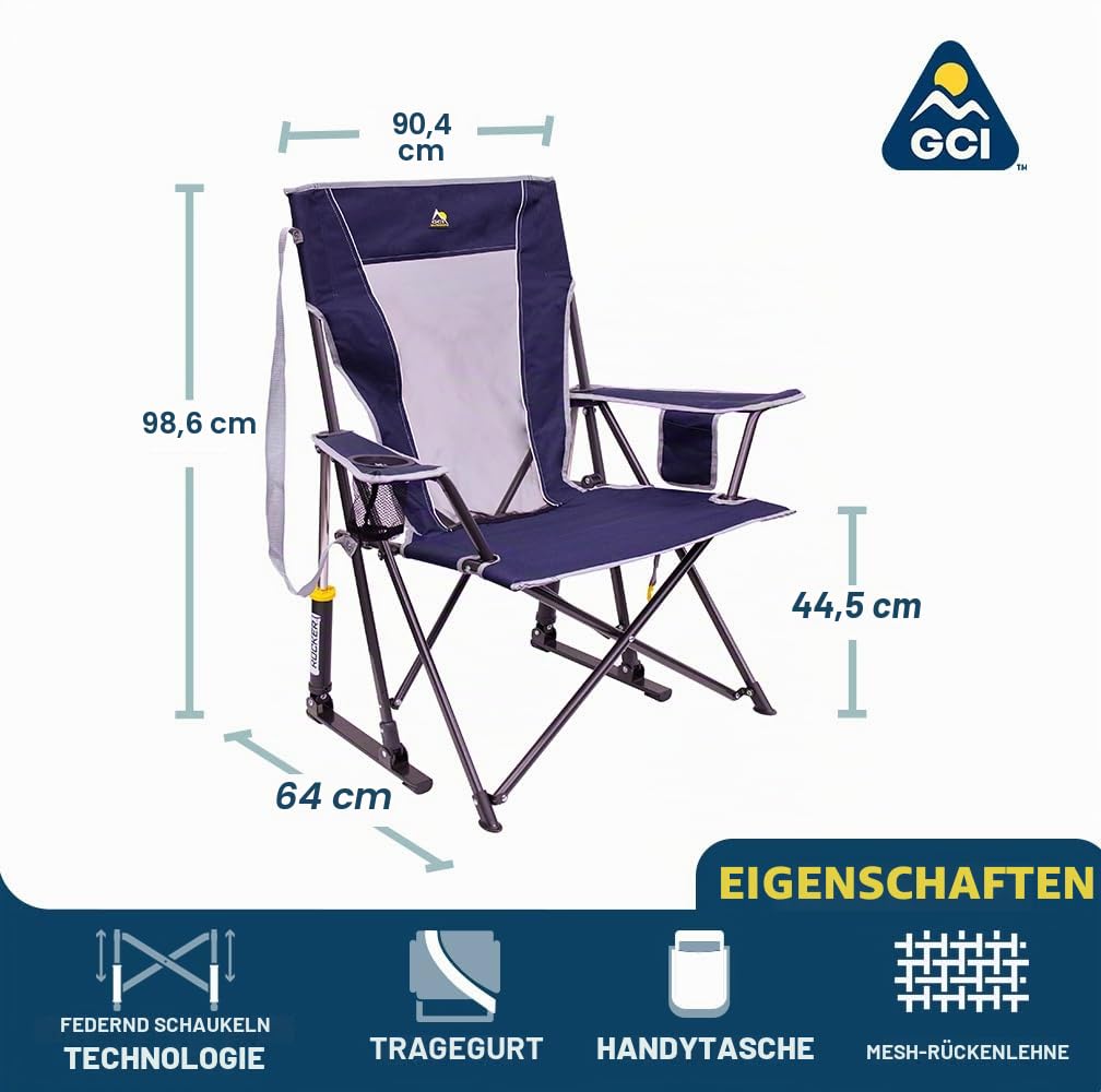 GCI Outdoor Comfort Pro Rocker Campingstuhl | Tragbarer klappbarer Schaukelstuhl mit robusten Armlehnen & Getränkehalter Königsblau