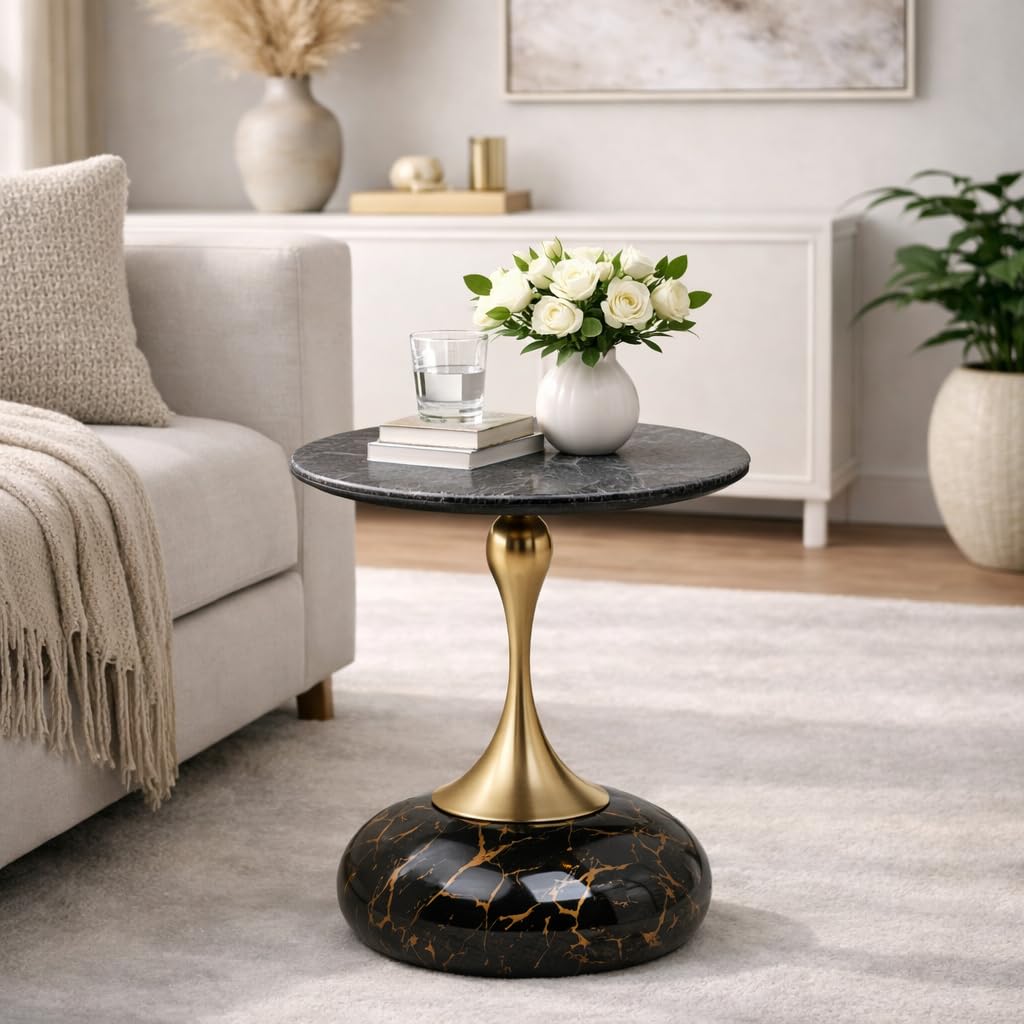 Round Side Table with Marble Top, Brushed Golden Pedestal Base, Metal Base with Marble Effect, Modern Accent Table for Living Room, Bedroom (Midnight Black)-image-41