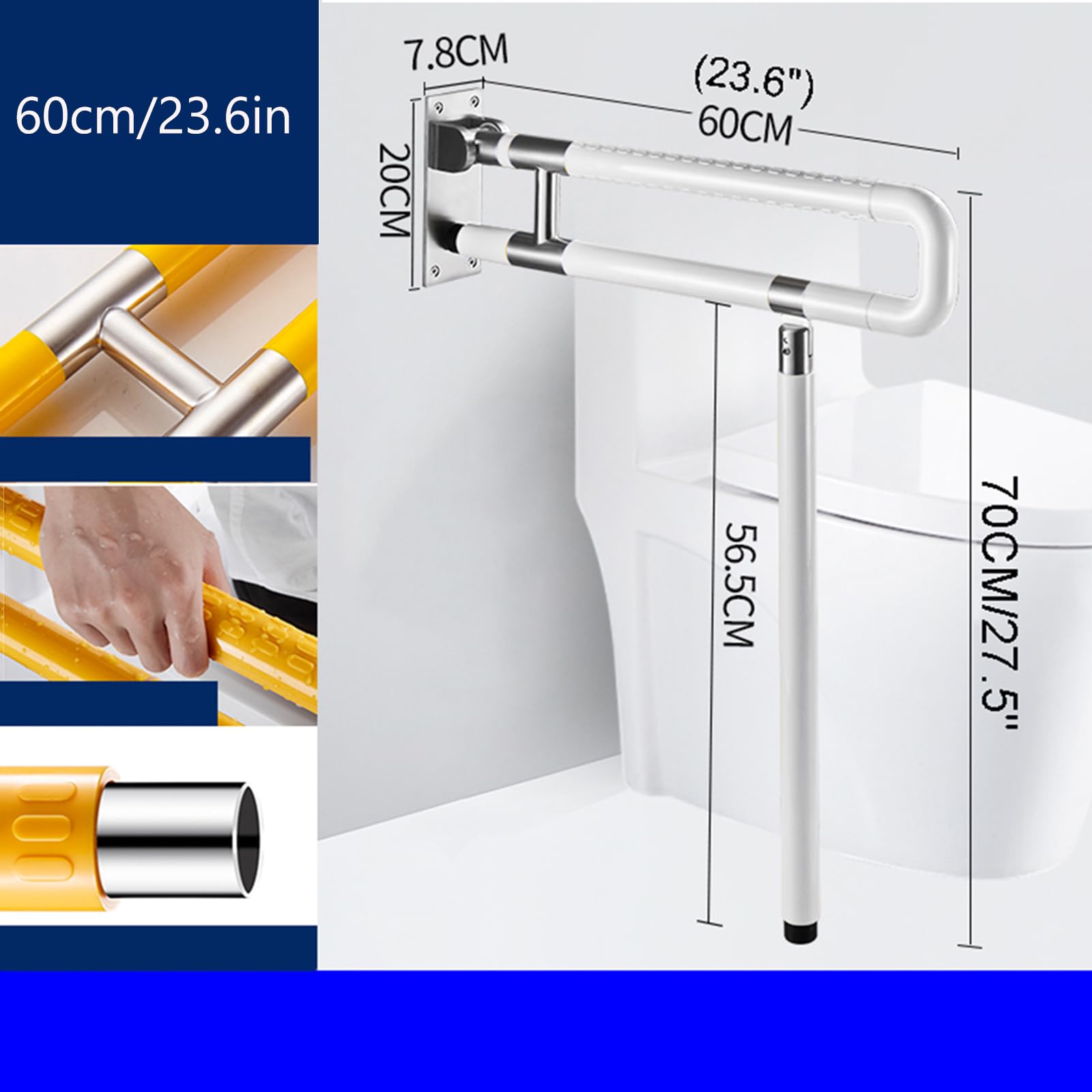 Asidero de seguridad para el inodoro, 2 cps, asa de soporte de pared para inodoro, plegable, para ancianos, embarazadas, personas discapacitadas, color blanco, 60 cm