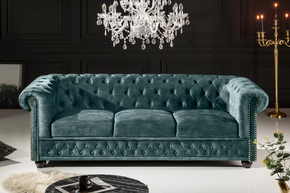 3-Sitzer Sofa CHESTERFIELD - 205cm - petrol gold - Samt - Federkern Nieten