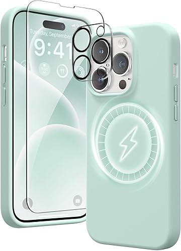 Funda de silicona para iPhone 14 Pro Max, compatible con Magsafe, con 2 protectores de pantalla + 2 protectores de lente de cámara, silicona líquida