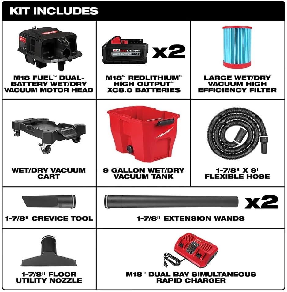 Compatible for use with Milwaukee 0920-22HD M18 Fuel 9 Gallon Dual-Battery Wet/Dry Vacuum Kit
