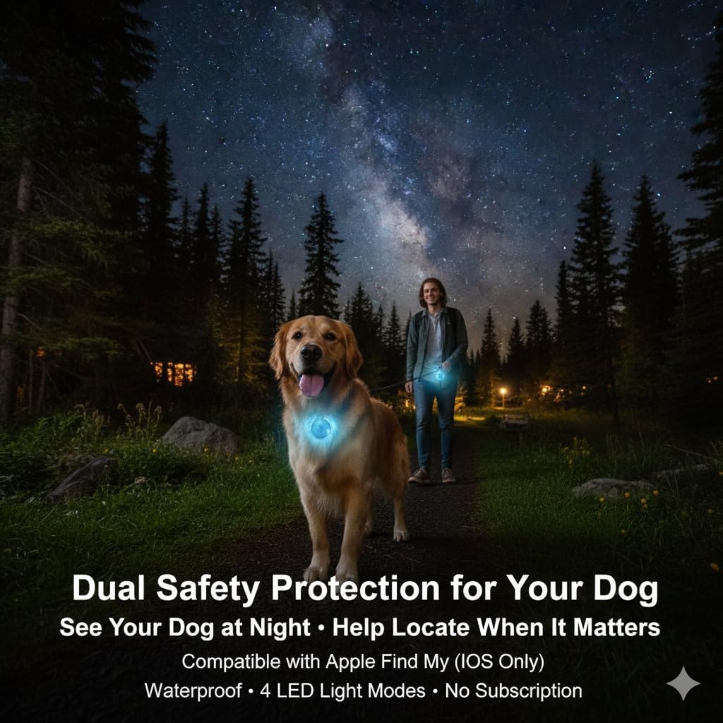 2-in-1 Dog Location Tracker Light Compatible with Apple Find My (iOS Only), Waterproof LED Dog Collar Light, 4 Light Modes, Dual Safety Protection, No Subscription (Green)