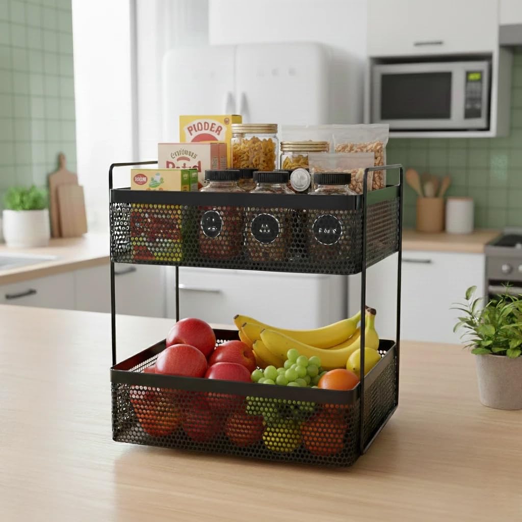 2-Tier Metal Square Kitchen Rack Stand Organiser | Countertop Organizer Kitchen Bathroom Spice, Oil, Masala, Cosmetic & Bathroom Vanity Storage Rack Shelf (Black, STORAGE CART)