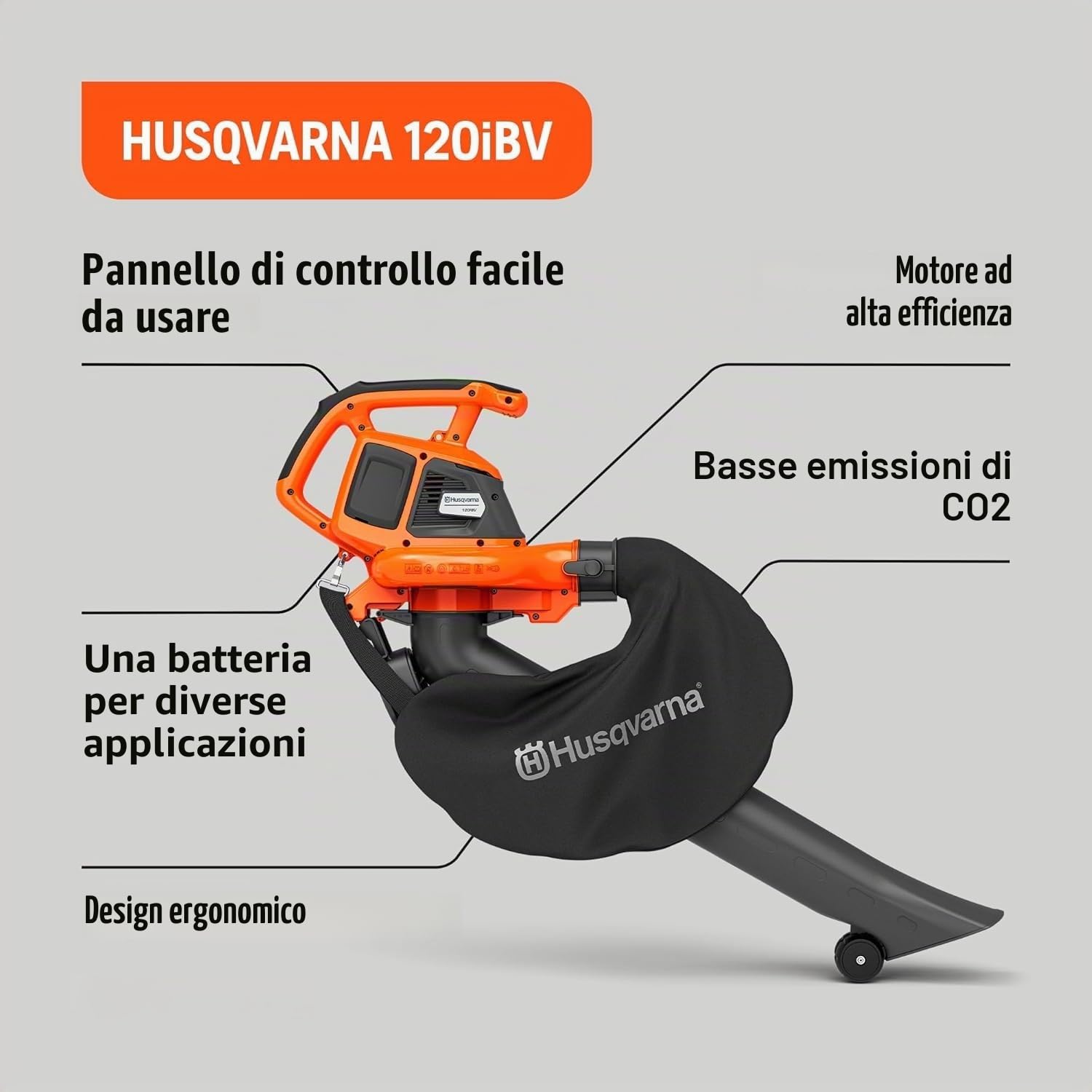 Husqvarna Soffiatore e aspiratore a batteria 120iBV con batteria/caricabatterie | Senza fili, 36 V, con batteria e caricabatterie, forza di soffiaggio 7,2 N