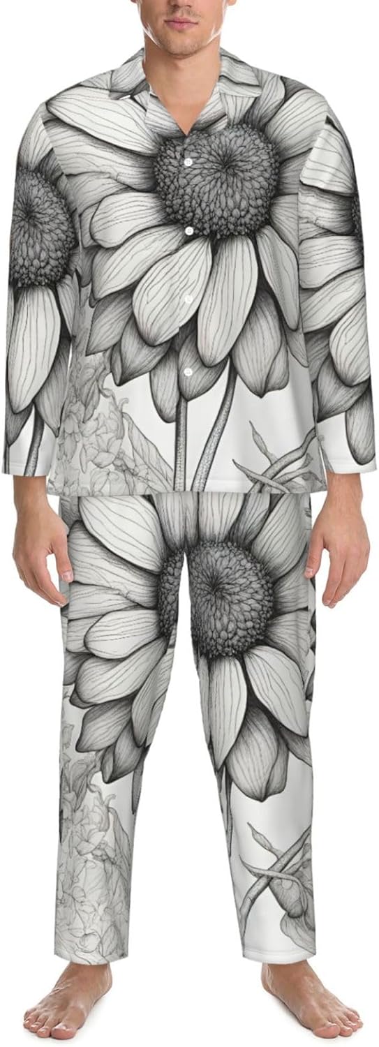 Hand Drawn Flower Print Luxurious Mens Pajamas Set,Breathable Pajamas Set,Perfect For Lounging Bed,Sofa