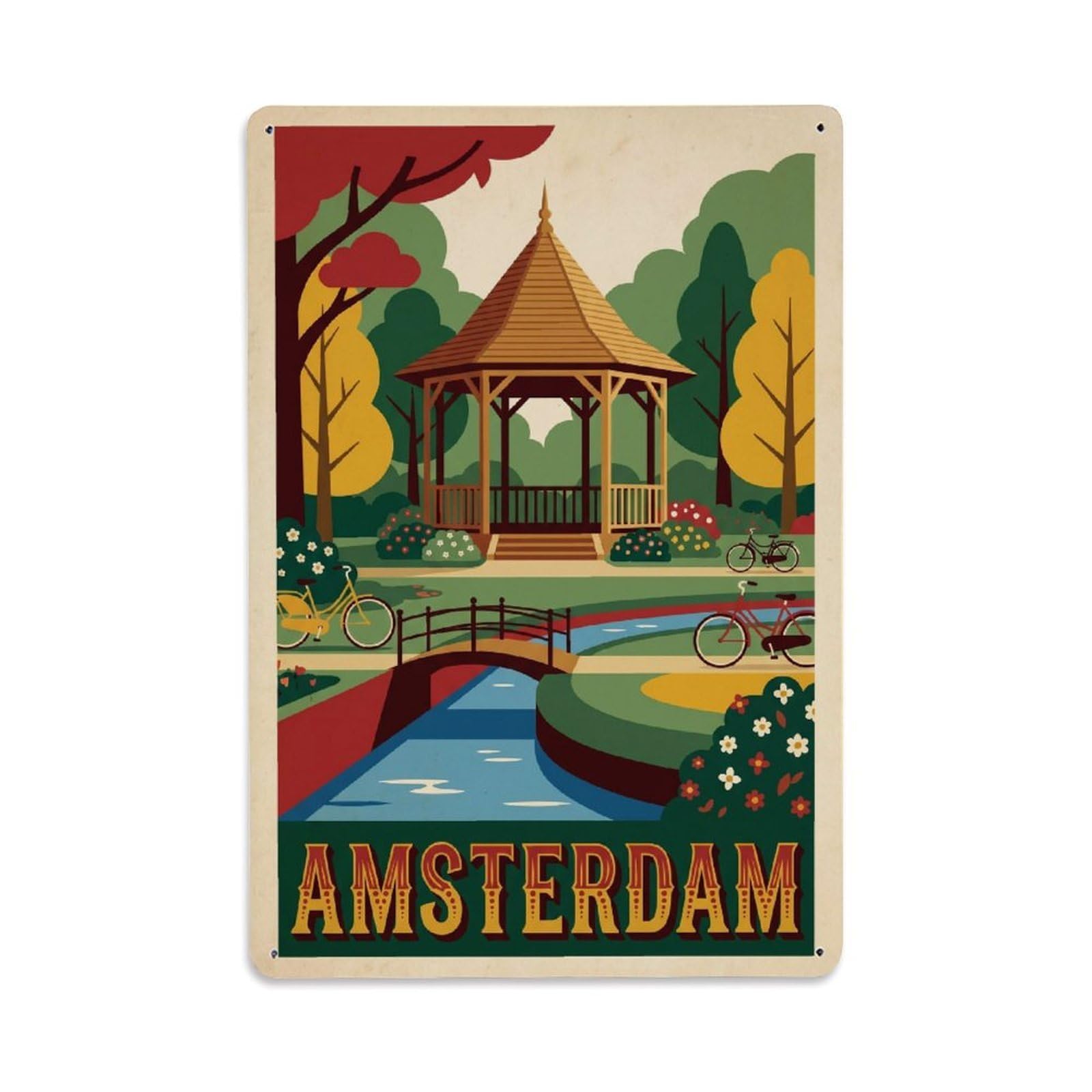 Okngb Style Retro Gazebo Garden Amsterdam Pastoral Landscape Travel Metal Tin Sign Plaque Wall Decor For Cafe, Man Cave, Club Bar, Office, Home Garden Round Metal Poster 8X12inch