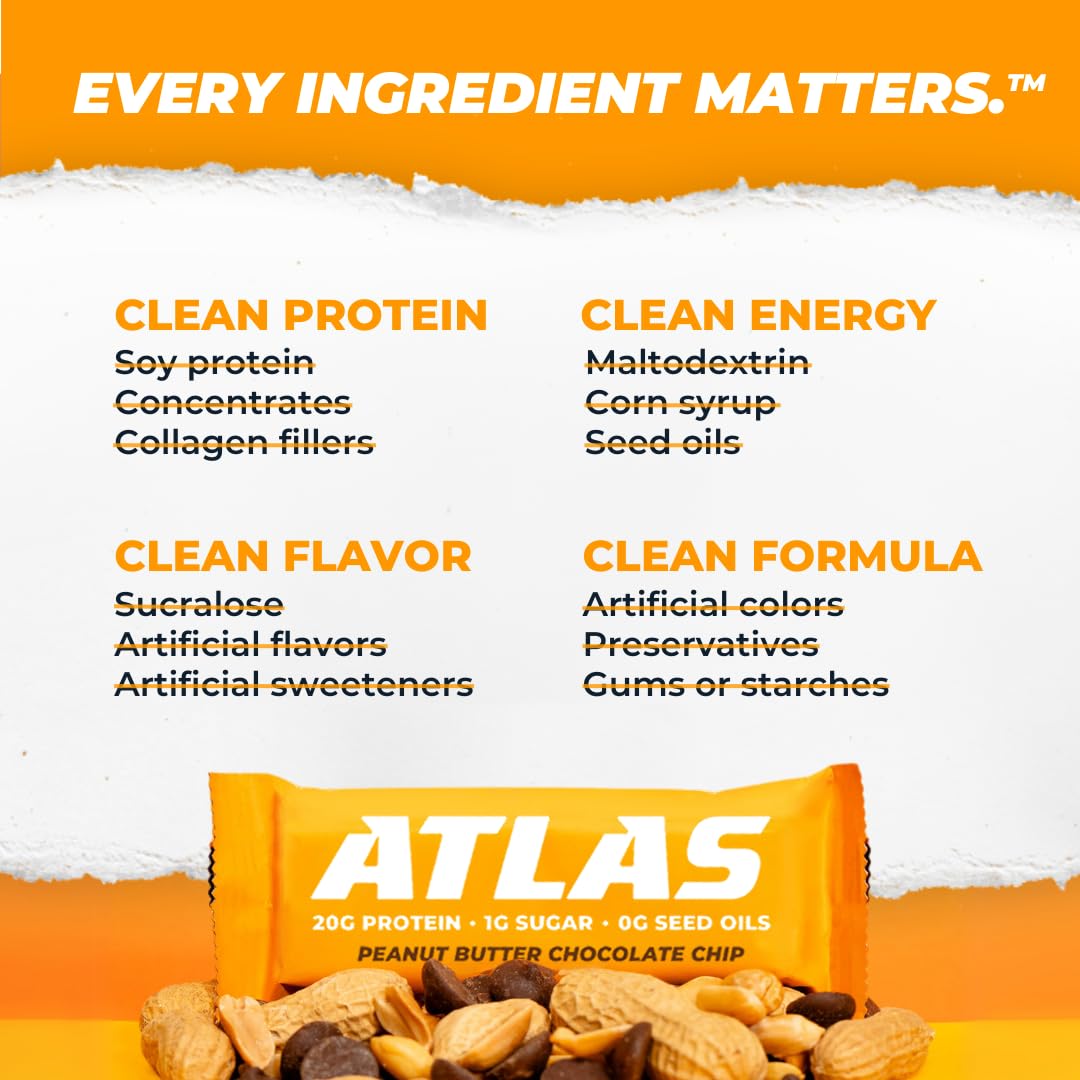 Atlas Real Food Protein Bar – 20g Clean Protein, 1g Sugar, No Seed Oils, No Artificial Sweeteners (Peanut Butter Chocolate Chip, 60 Count)