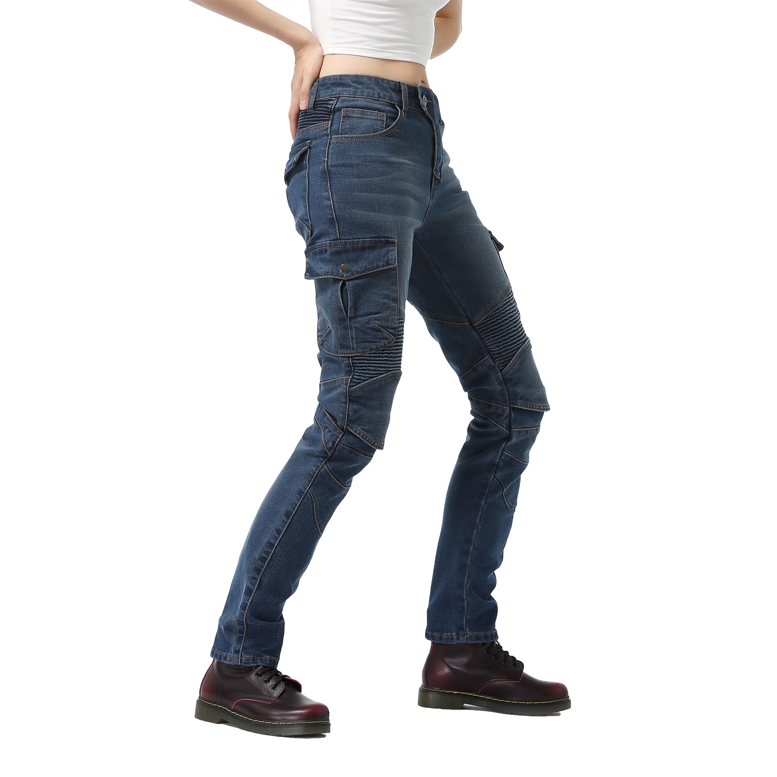 Pantalon Moto Femme, Jean Moto Femme Homologué avec Guêtres, XXS-4XL Pantalons de Moto Extensible (Blue,L)