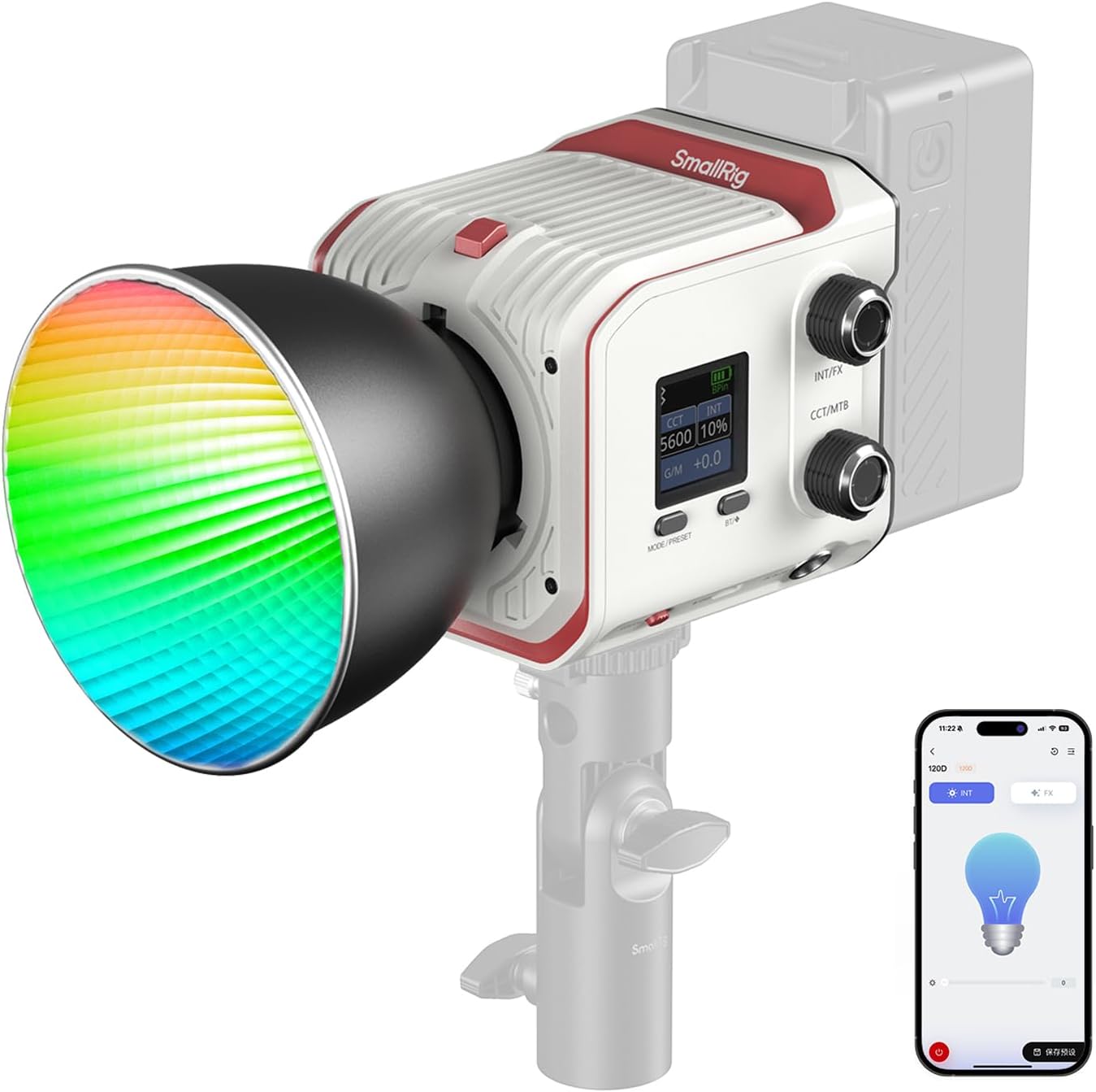 SmallRig RC 100C RGBWW LED Video Light, with App Control, 100W Mini COB Continuous Output Lighting, Handheld Spotlight 2700-10000K/CRI 96+/TLCI 98+/12 Effects, 11000Lux/1m, Lite Version White, 5340