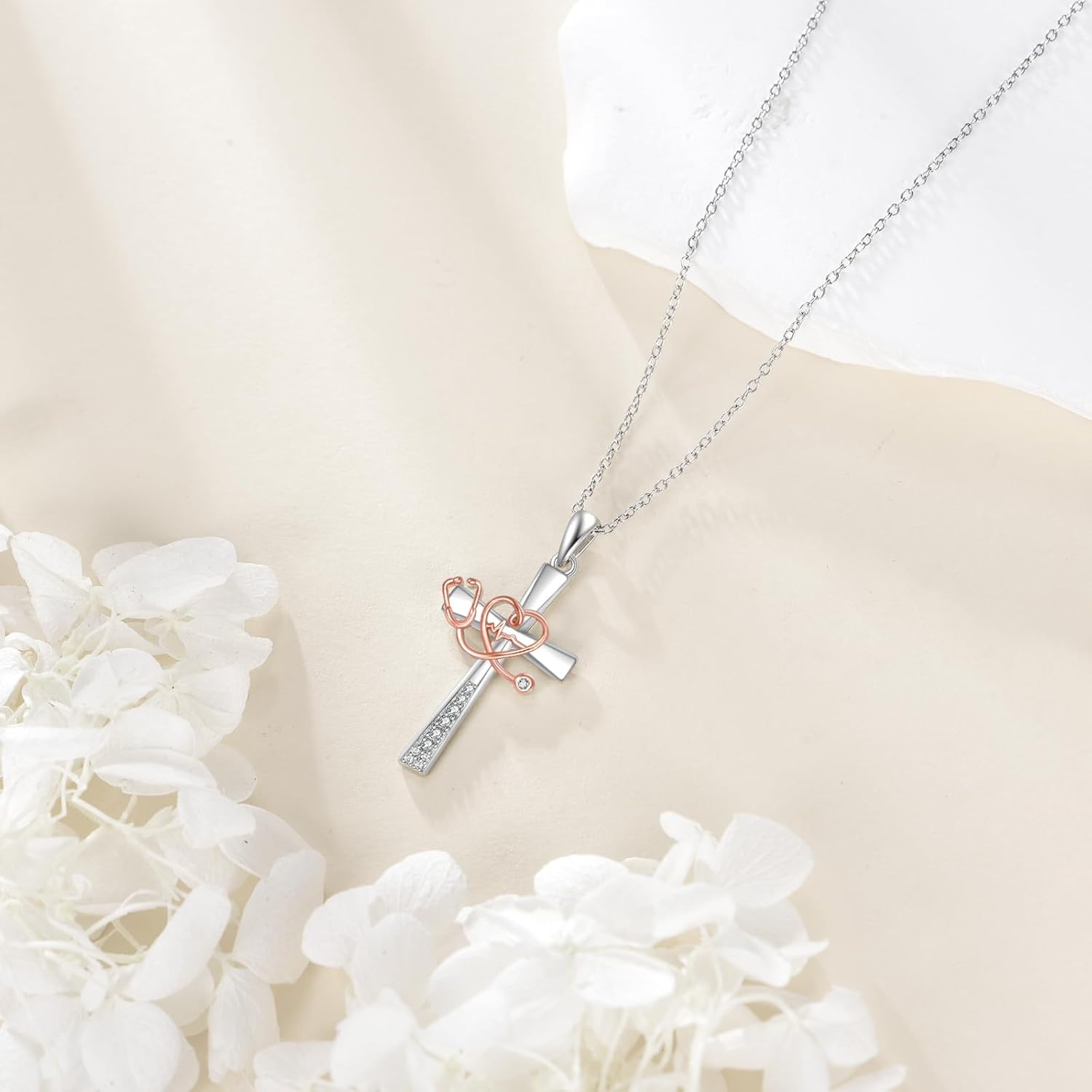 Stethoscope Cross Necklace 925 Sterling Sliver Nurse Stethoscope Cross Pendant Nursing Jewelry RN Nurse Graduation Gifts for Women Female Lover Doctor Medical Students - Image 3