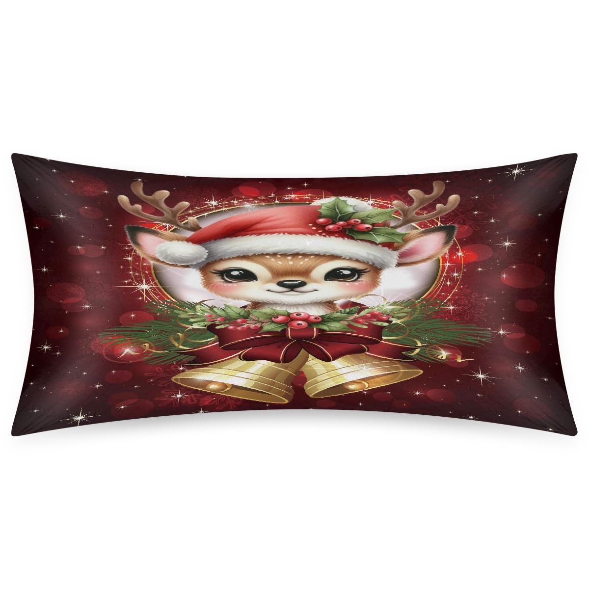 Christmas Deer Bell Decor Satin Pillowcase for Hair and Skin Standard Size Silp Silk Pillowcase Soft Satin Cooling