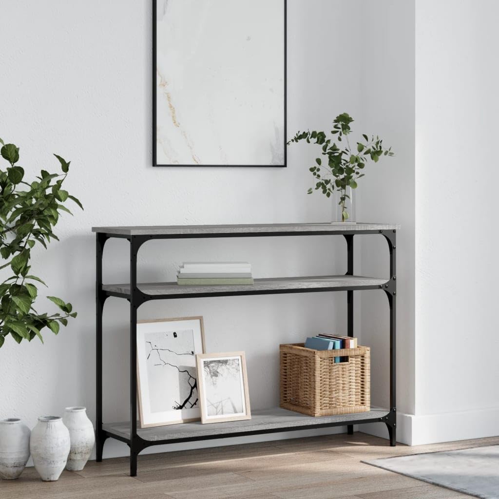 SXZenSpace Console Table Grey Sonoma 100x29x75 cm Engineered Wood with Metal Frame Slim Hallway Sofa Side Furniture for Living Room Corridor Bedroom