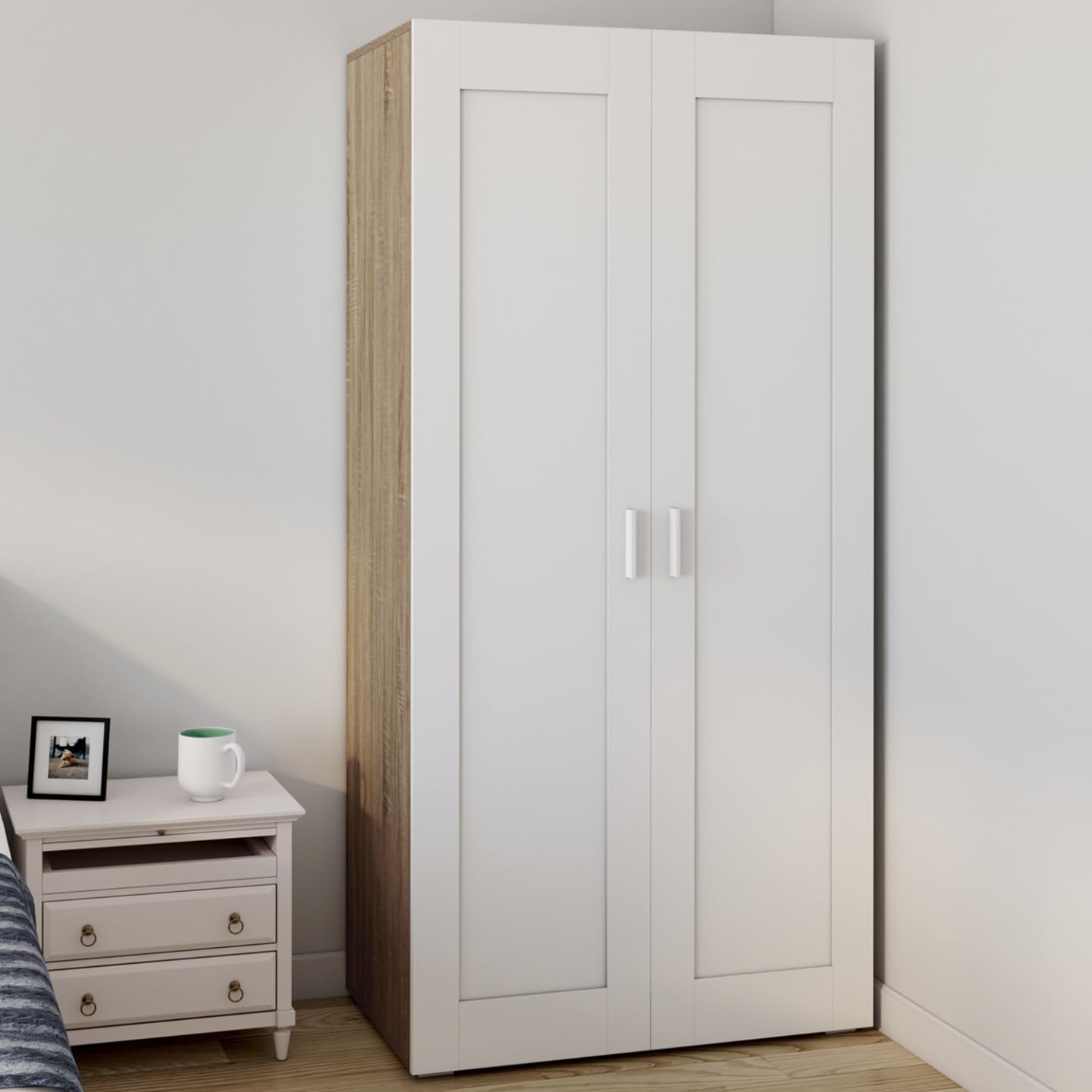 IDMarket - Armario de 2 puertas VITO blanco y madera con barra interior de 80 cm con estantes. Almacenamiento de máxima capacidad