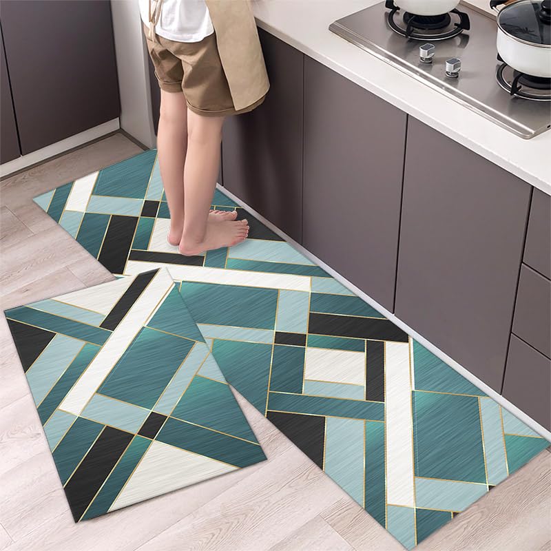 Alfombra Cocina 50X160Cm Geometría Verde Vinilica Juego 2 Cuero Alfombras Cocina Antideslizante,Pasillo De PVC Impermeable,Antideslizante Y Resistente Antifatiga Al Aceite