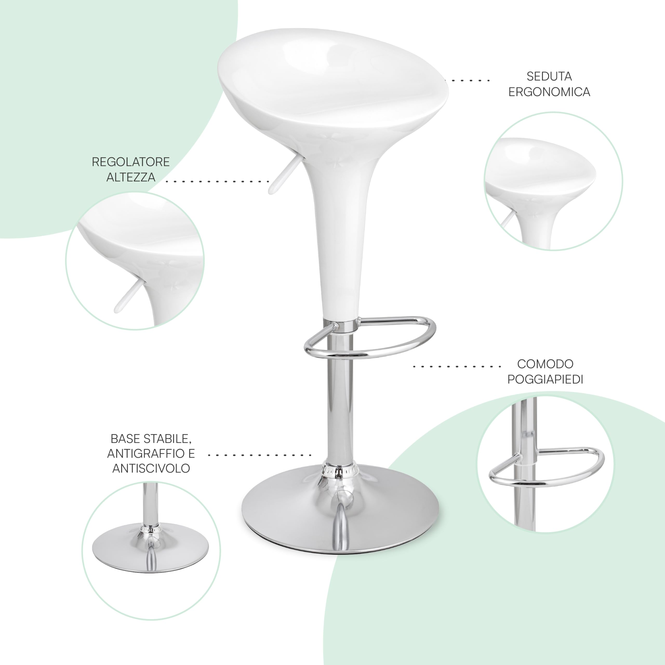 Baroni Home Swivel Bar Stool with Adjustable Height, Plastic Seat, Chrome Base with Footrest and Anti-Scratch Bottom, Kitchen Stool and Peninsula, 40 x 45 x 59-79 cm, White 1 Piece — view 4