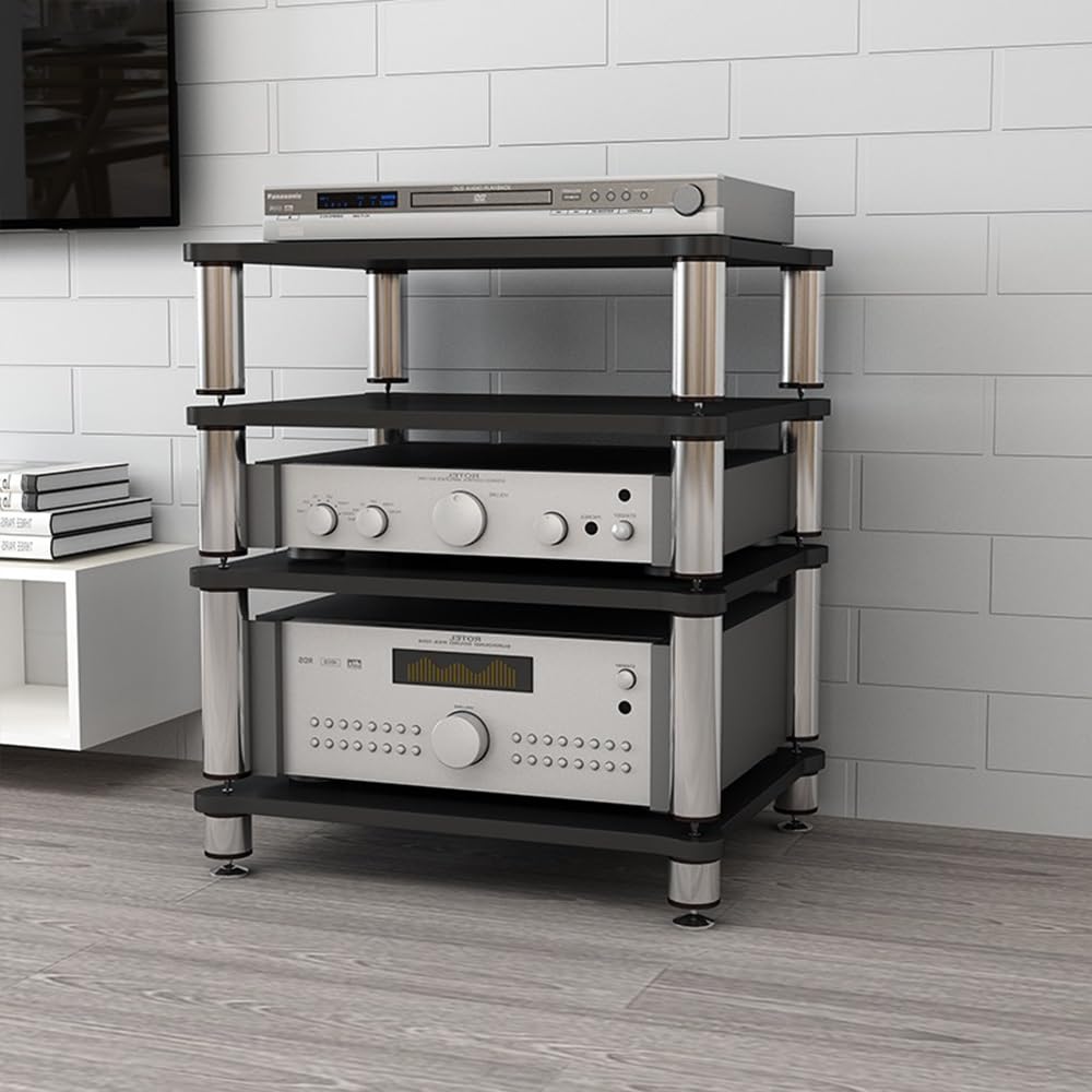 Mobiletto Stereo a 2, 3 e 4 Ripiani, Supporto per Supporti AV, Rack Audio Aperto, mobiletto per componenti, Rack HiFi, mobiletto per archiviazione multimediale, Supporto per Giradischi (Noce
