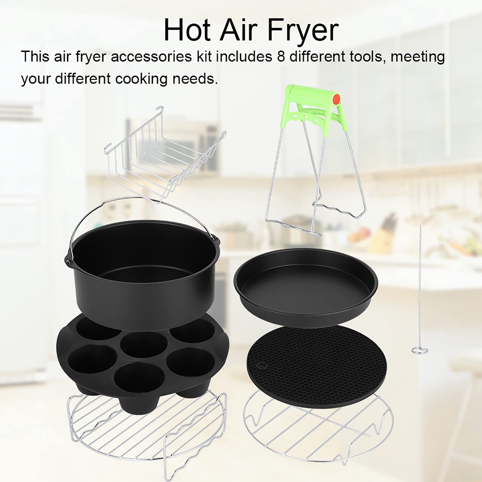 Set di accessori per friggitrice ad aria da 8 pezzi, porta spiedini in acciaio inossidabile, supporto per barilotto per torta, per cestino da 8 pollici