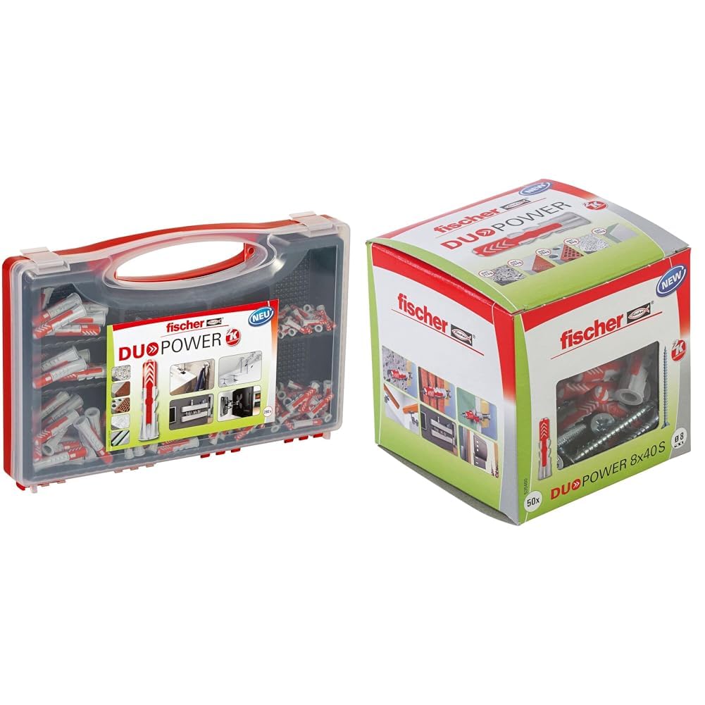 fischer - Cheville bi-matière et Tous matériaux DuoPower/RedBox de 30 Chevilles 5x25 & Cheville bi-matière et Multi-matériaux DUOPOWER 8x40 avec vis/Boîte de 50