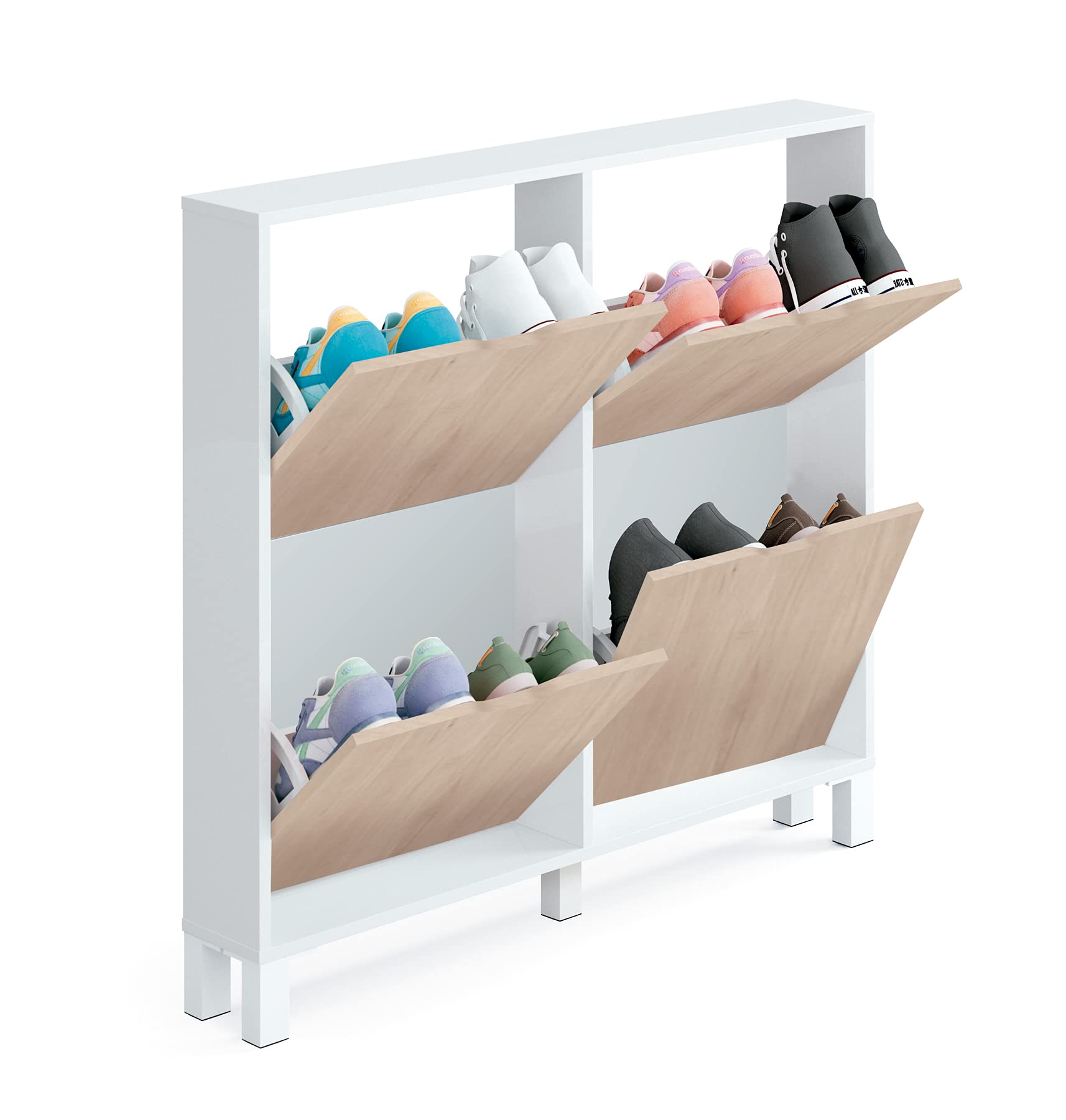 MUEBLES PITARCH | Ingresso stretto Scarpiera con gambe per ingresso corridoio, 4 porte, Bianco lucido e Rovere Aurora, 8 paia di scarpe, 17cm profondità, 97x98 (altezza x larghezza) modello Kay