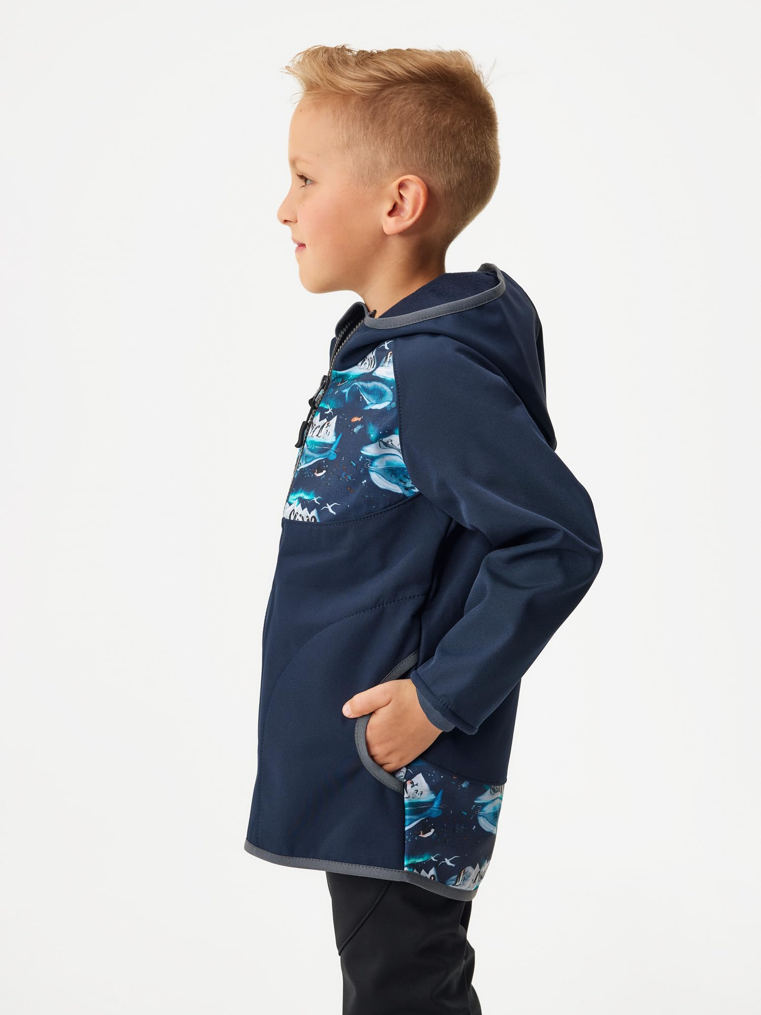 Dziecięca kurtka softshell z polaru Basic, ciemnoniebiesko-czarna, pingwiny, ciemnoniebieski czarny, 80-86