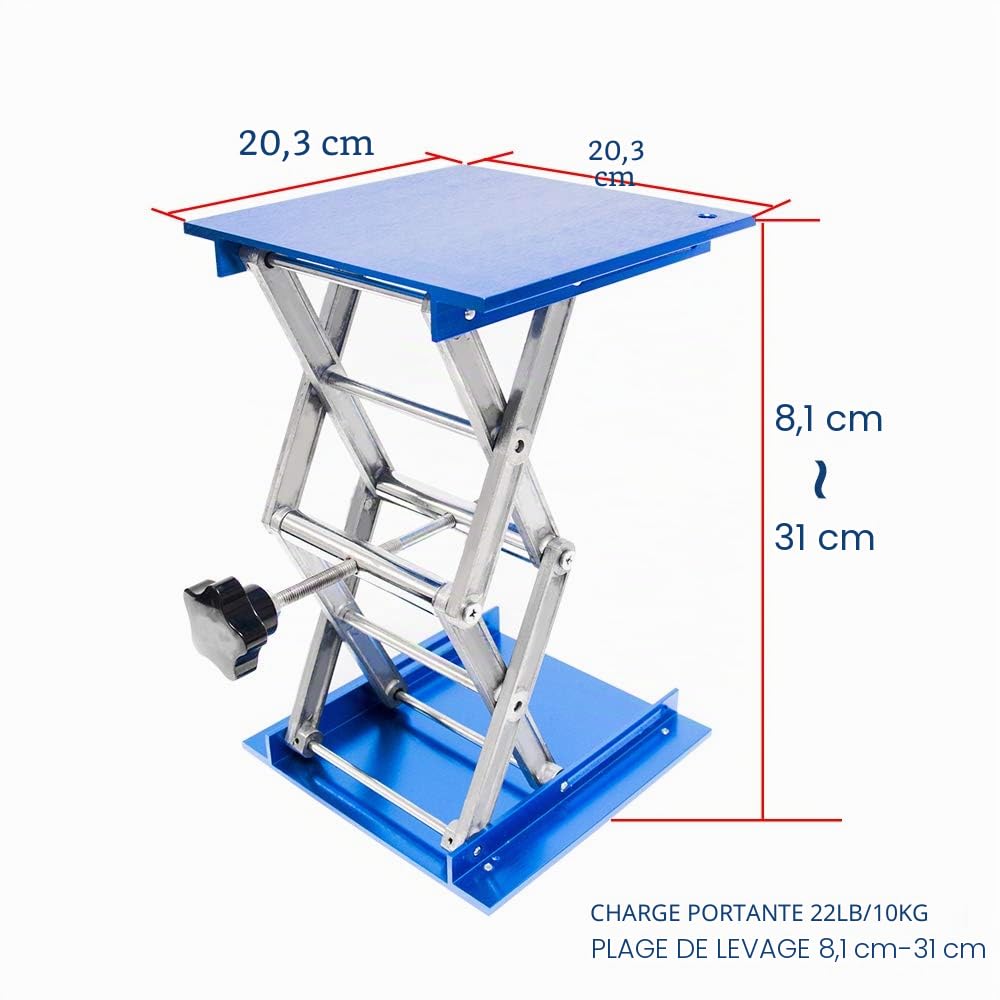 Wisamic 8 x 8 pouces Table de laboratoire Alumina - 200 x 200 x 310 mm en inox, laboratoire d'élévateur à ciseaux Jiffy Jack, hauteur 82-310mm, capacité de chargement 10kg