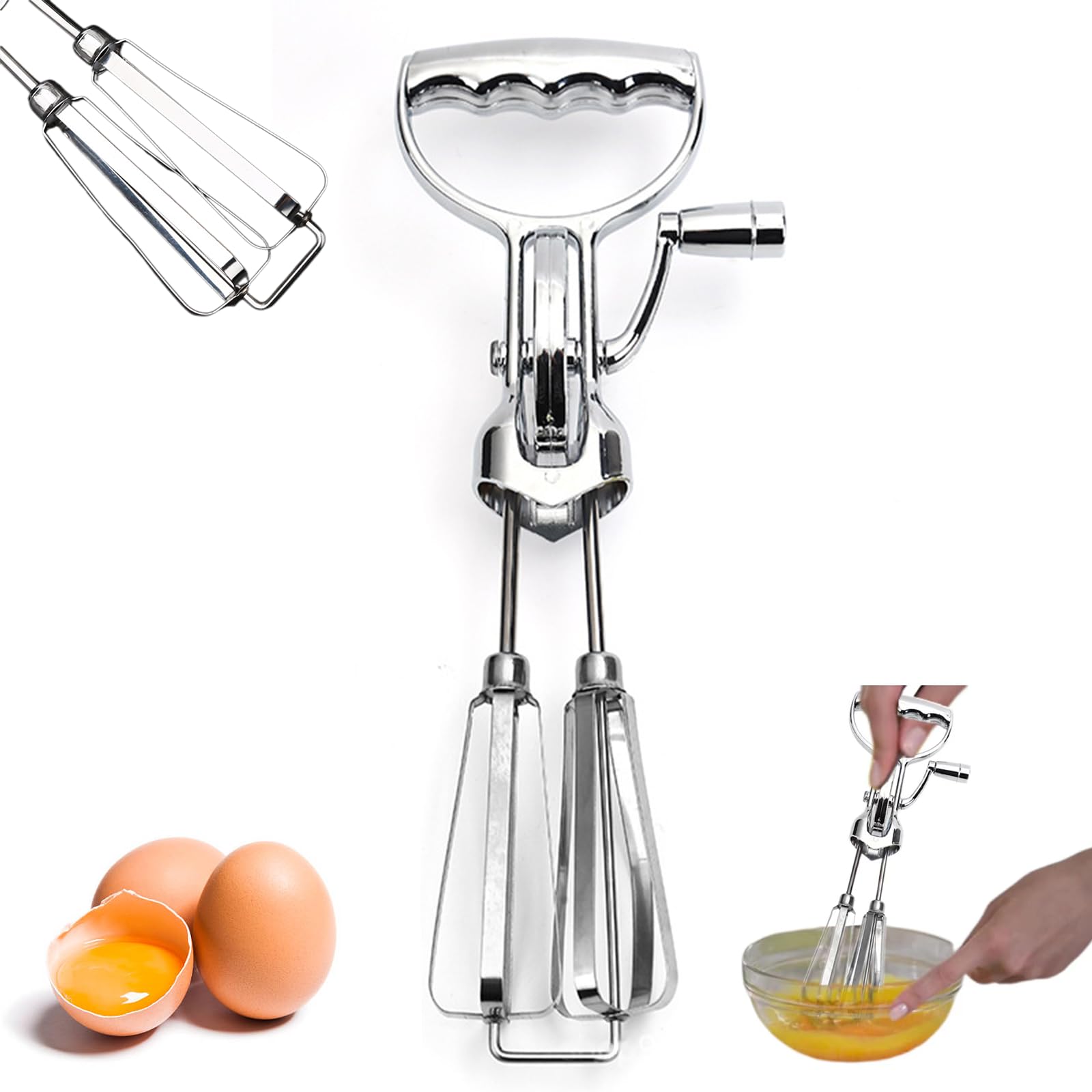 2024 Upgrade Stainless Steel Egg Beater, Rotary Whisk, Easy to Use, Durable Hand Mixer Beaters (1, Silver)