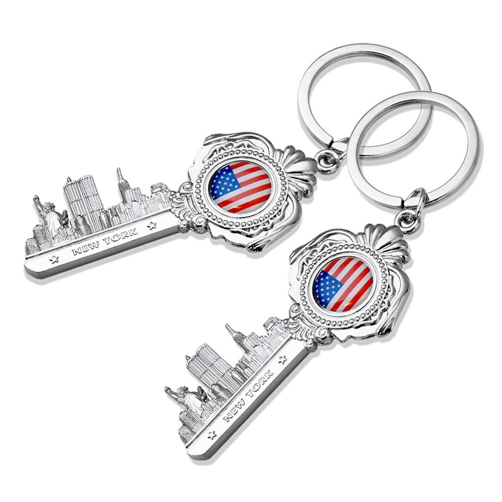 [Pack of 2] New York Statue of Liberty, Empire State Building NY Skyline with American Flag Key Shape Patriotic Souvenir Keychain