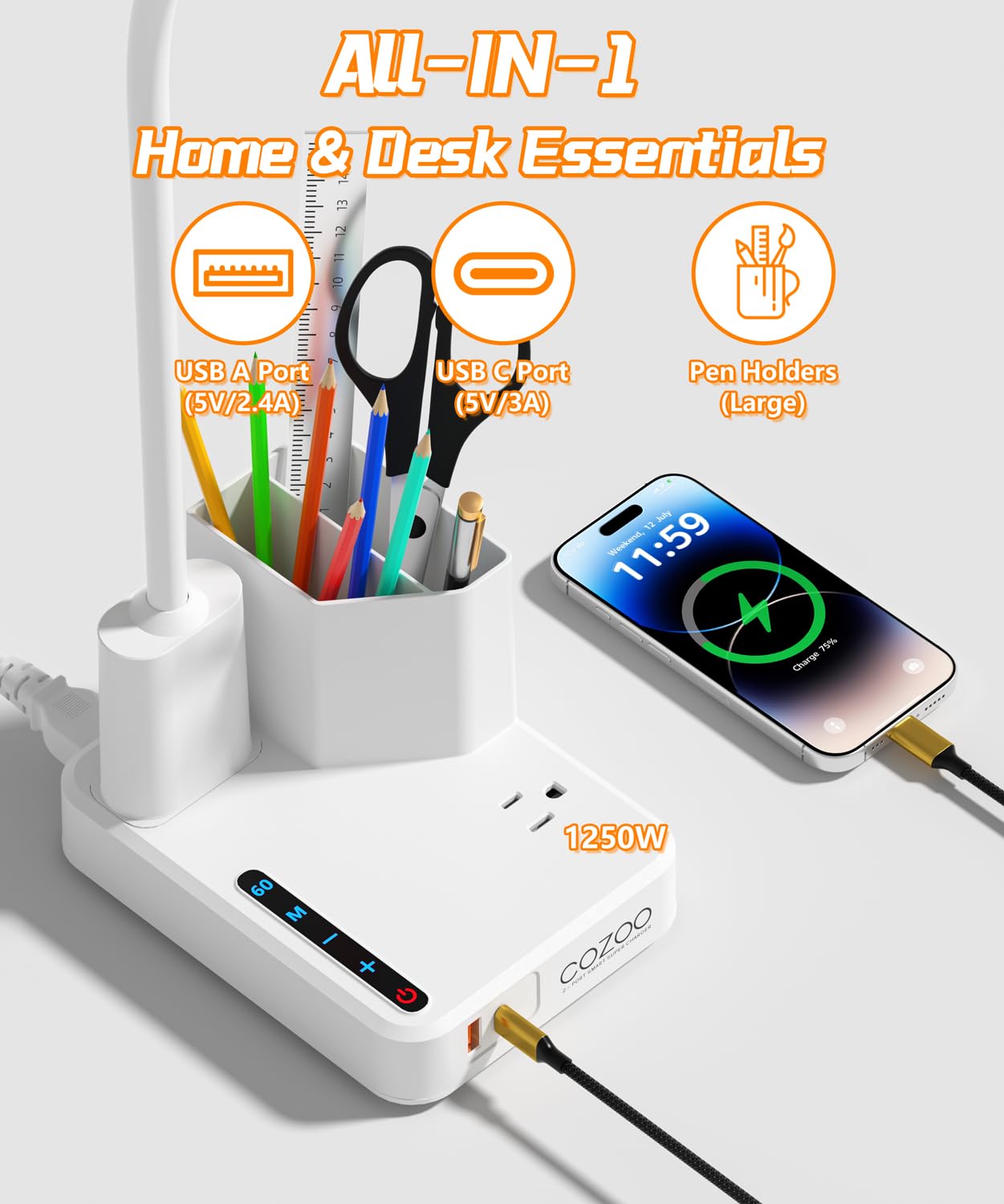 Lampada da scrivania, lampada da scrivania a LED per casa e ufficio, con 2 porte USB di ricarica/presa/organizer, lampada da scrivania per dormitorio universitario, lampada da tavolo a collo di cigno