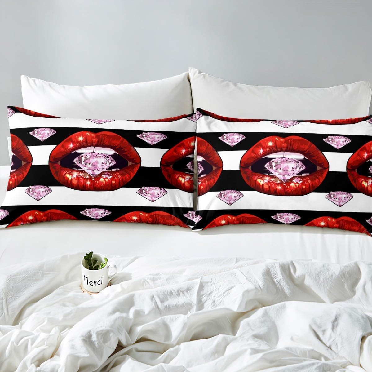 Red Lip Duvet Cover Set Queen Size,Pink Diamond Print Bedding Set 3Pcs for Kids Girls Women Teens Room Decor,Fashion Beauty Women Comforter Cover Modern Black White Striped Quilt Cover,2 Pillowcases