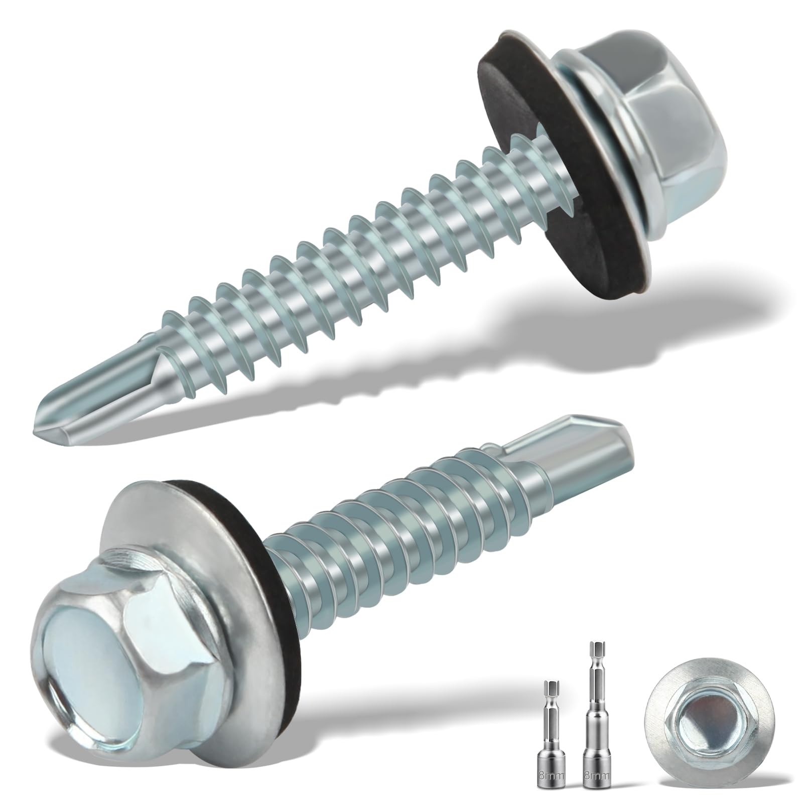 Sturiz 70PCS 4.8x35 mm Self Drilling Screws for Metal Roofing with Rubber Washers and 2 M8 Hex Socket Tech Screws