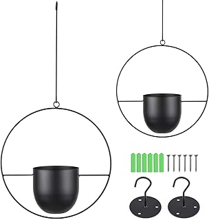 GFH 2 pcs Boho Hanging Metal Planters+Hooks+Screws for Indoor&Outdoor Plant Modern Wall&Ceiling Planter Mid Century Minimalist Pot Plant Holder for Home Decor Black
