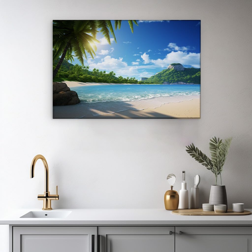 Canvas for Living room. Serenity Unfurled Along a Pristine Palm-Lined Shore, 27 x 18 inch Canvas Wall Art - Expansive Panoramas - Modern Home Decor - 69x46 cm (27x18 inch)