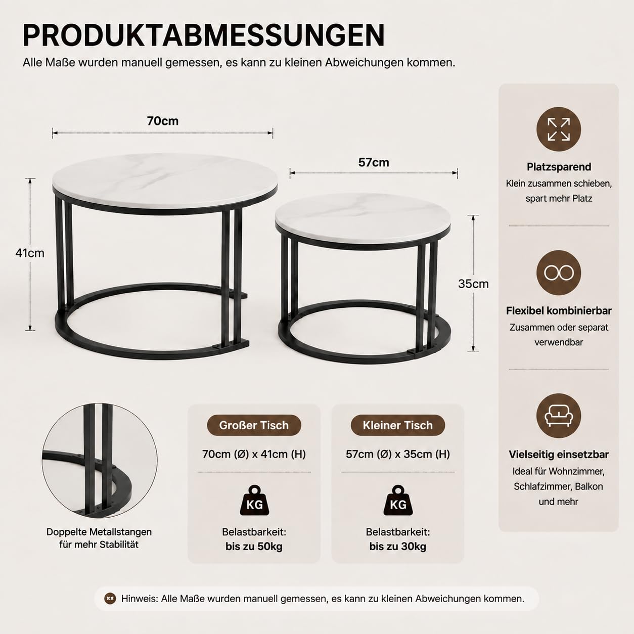 FATIVO Couchtisch Rund 2er Set Marmor Optik Weiß mit schwarz Metallrahmen