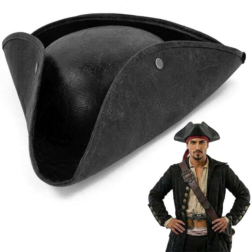 Vervora Pirate Tricorn Hat Adult Vintage Distressed Pirate Captain Hat Colonial Tricorn Pirate Hat Fancy Dress Costume Accessory for Halloween Cosplay Party Stage Performance (Black Pirate Hat)