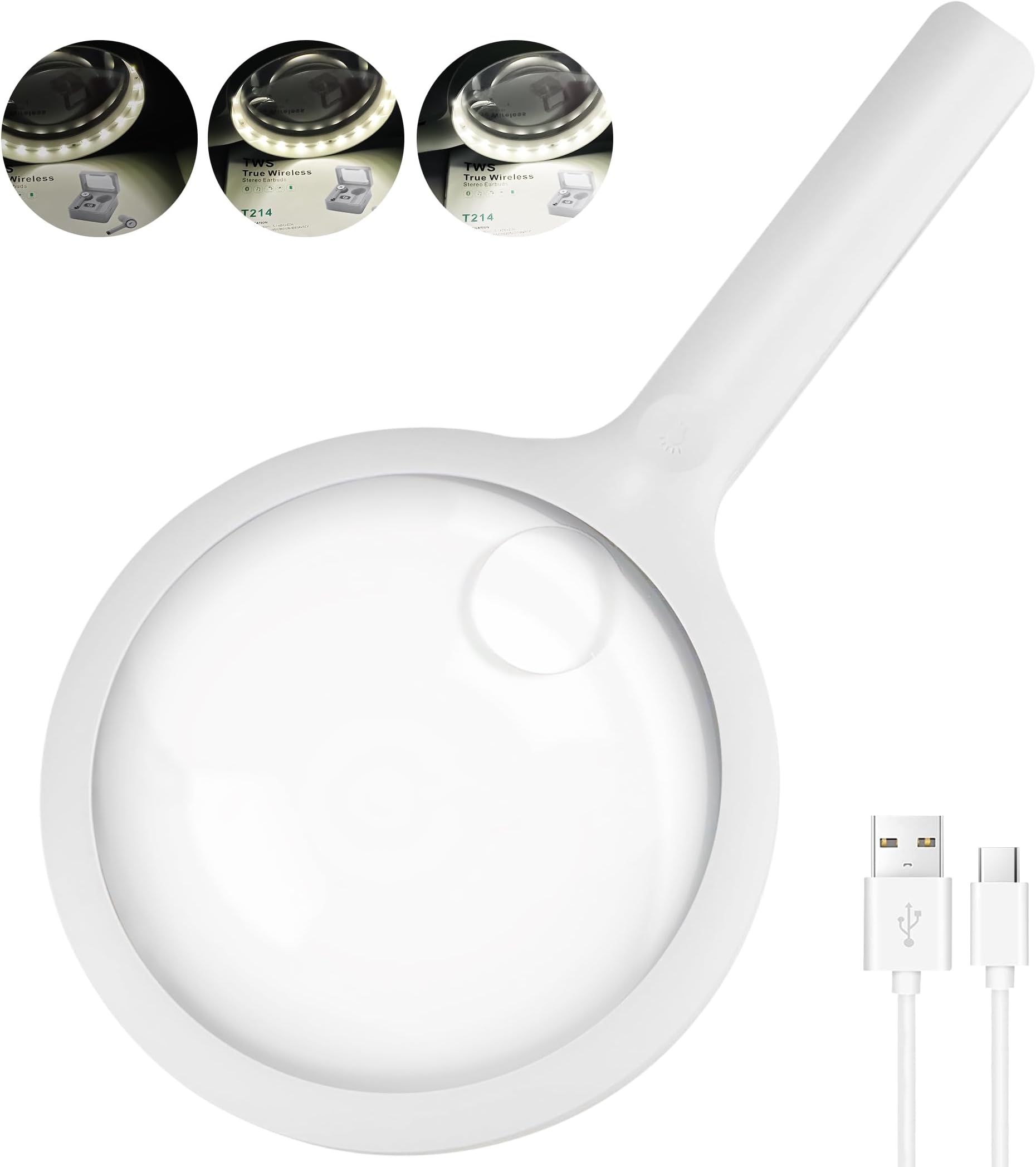 Large Magnifying Glass with Light, High Brightness Magnifier with 20 LED Lights, Lightweight Rechargeable Illuminated Magnifier for Seniors Reading, Inspection, Coins, Jewelry, Exploring (White)